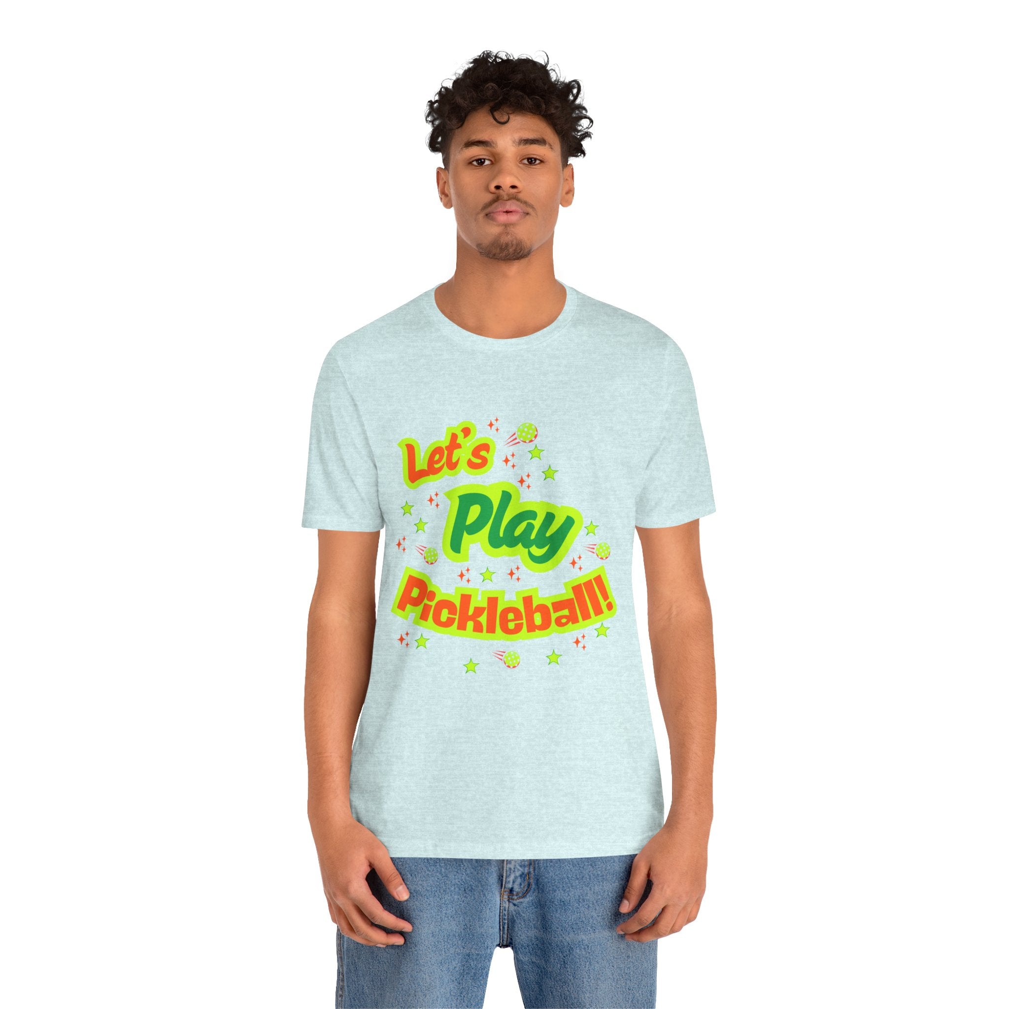 Neon orange and electric green Pickleball Rally T-Shirt with court graphic, casual athletic wear by Printify.
