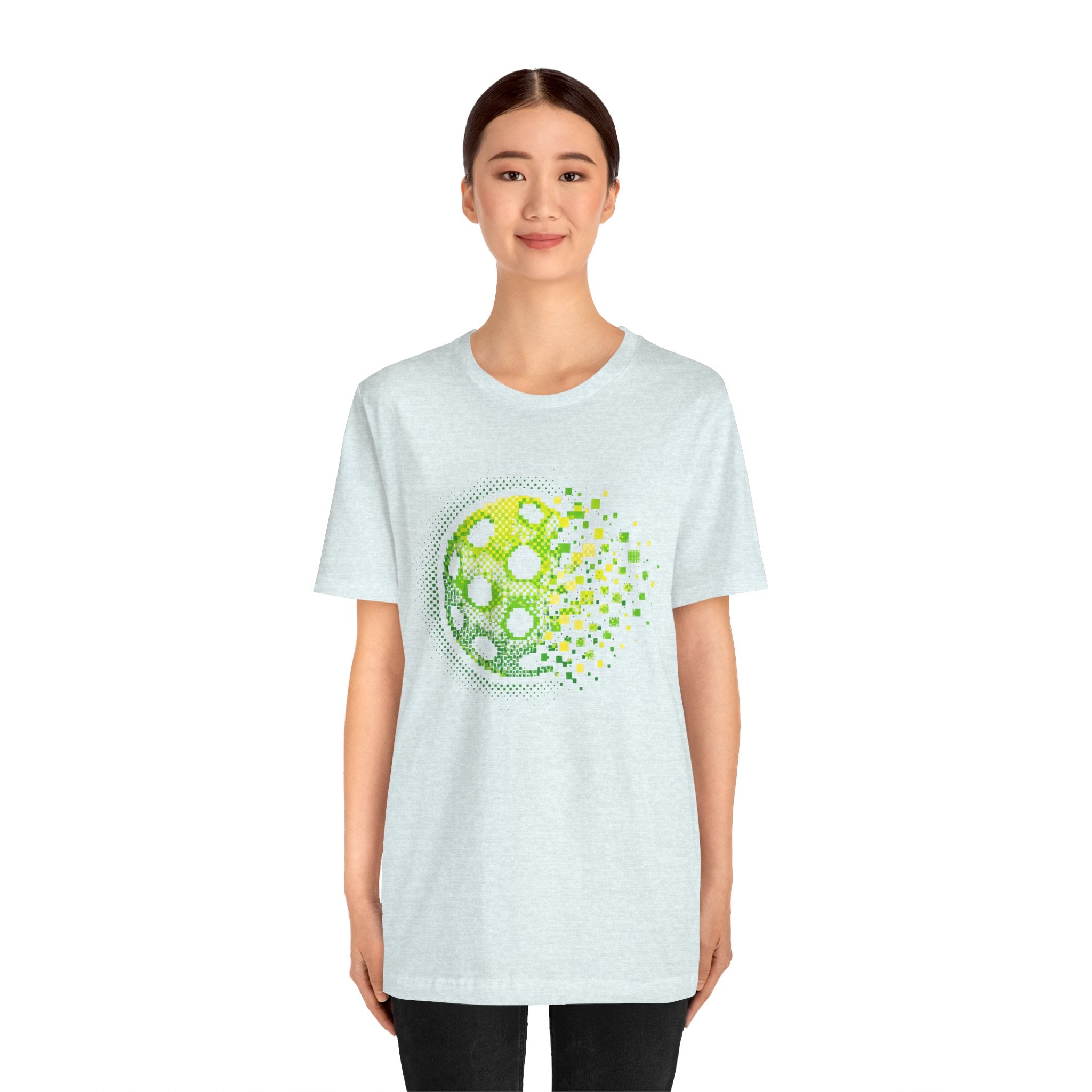Green Pixelated Pickleball Tee featuring retro court graphic, casual T-shirt style by Printify with vibrant, playful design.