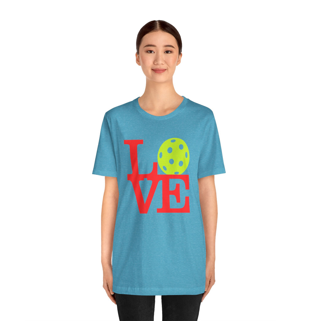 Neon pop art Pickleball LOVE T-Shirt by Printify featuring vibrant design and casual fit, perfect for active wear and sports fans.