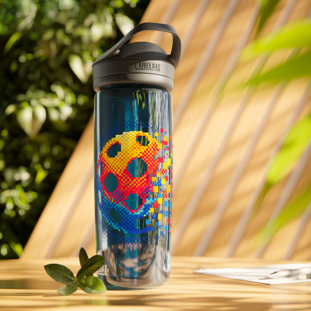 Printify Matrix Burst Pickleball CamelBak Eddy 20oz water bottle with colorful design and sports cap for active hydration.