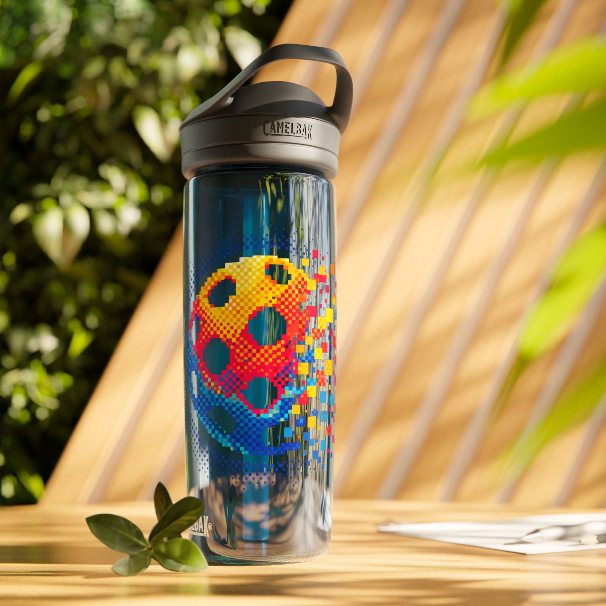 Printify Matrix Burst Pickleball CamelBak Eddy 20oz water bottle with colorful design and sports cap for active hydration.