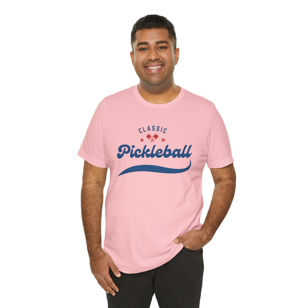 Red and blue pickleball script T-shirt with paddle and ball design, casual unisex apparel from Printify.