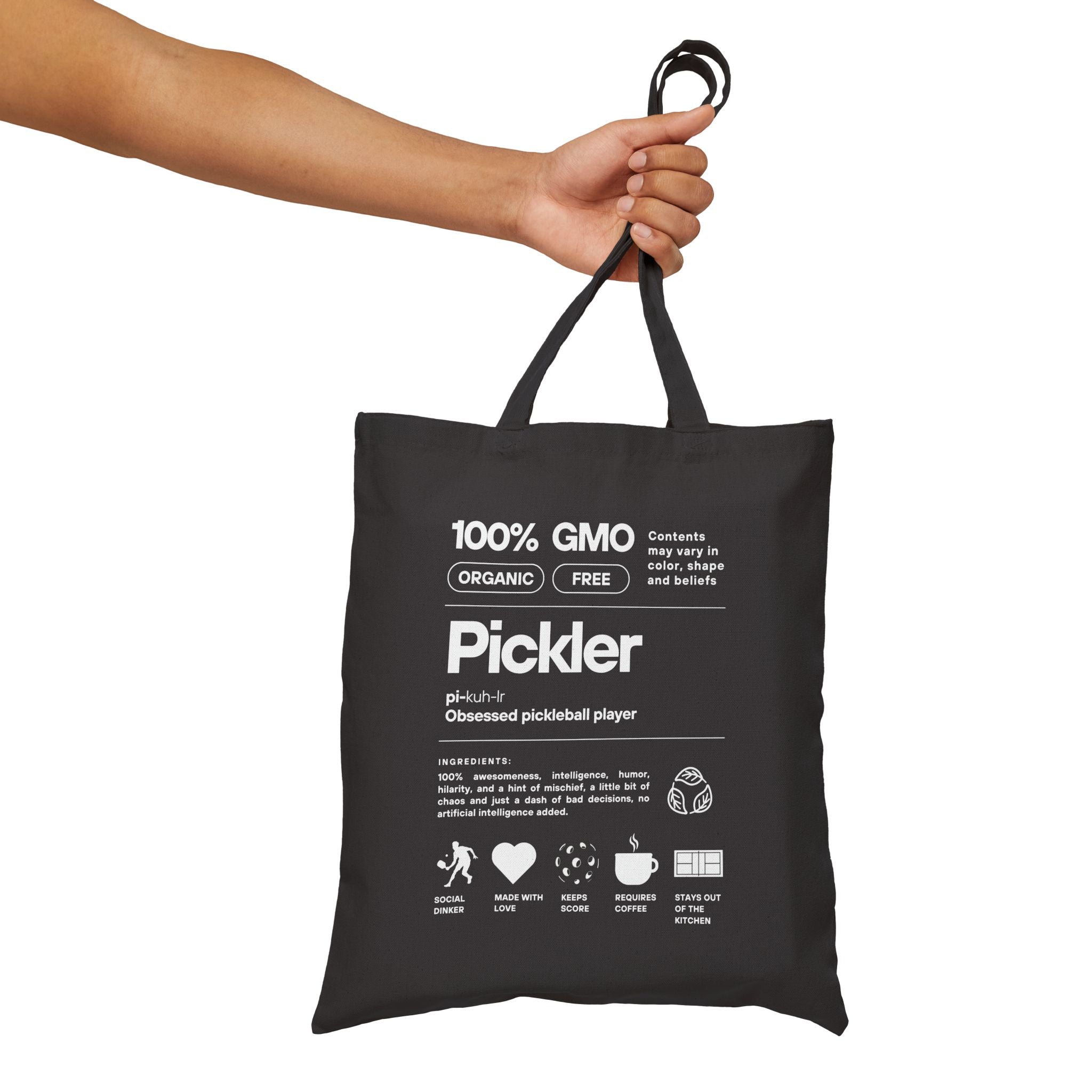 The Pickler Tote Bag | MALE Figure | Black or natural | Funny "100% GMO-Free" Cotton Canvas Reusable Bag | Obsessed Pickleball Player Gift