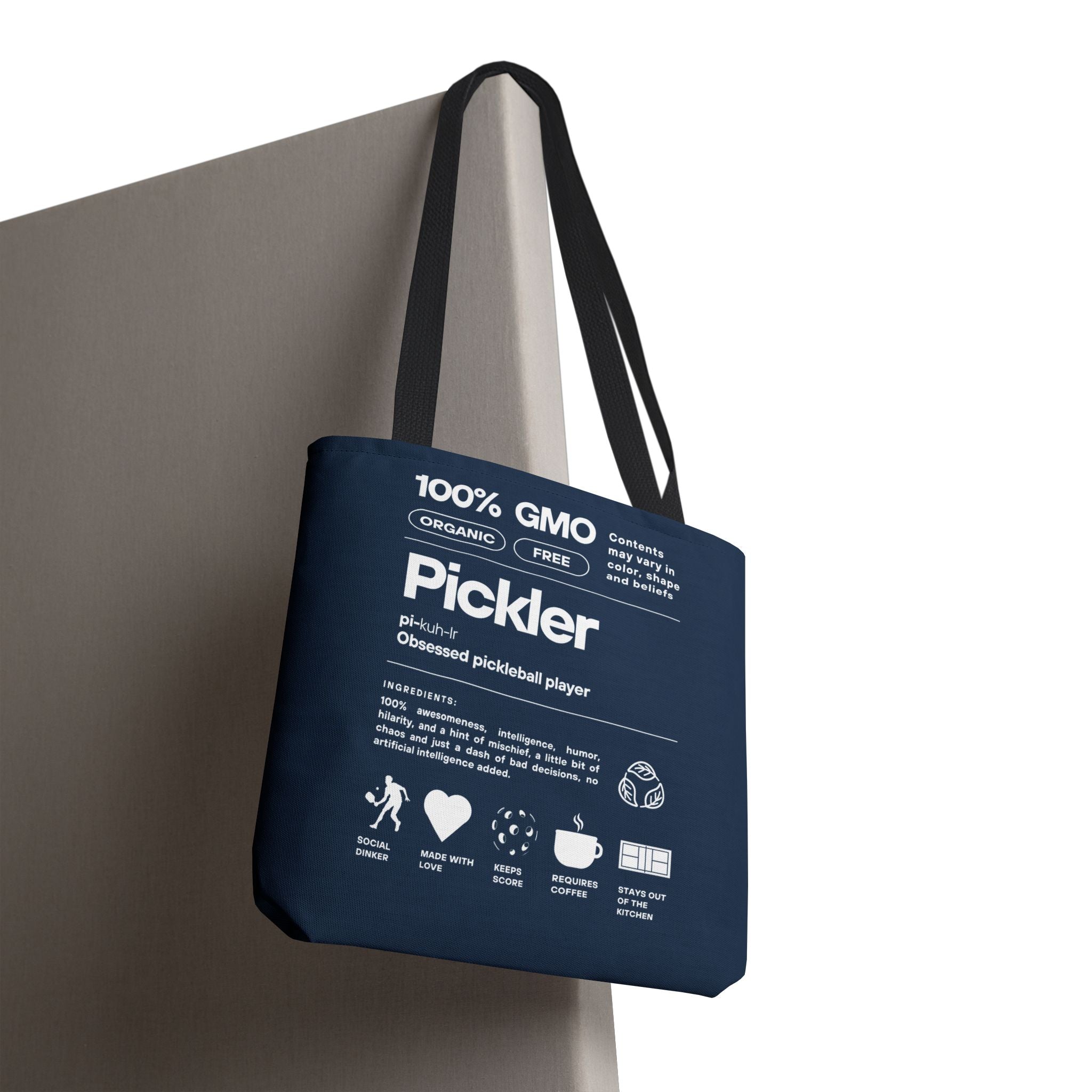 Giant male figure pickleball tote bag from Printify featuring a humorous pickleball design for casual carrying.