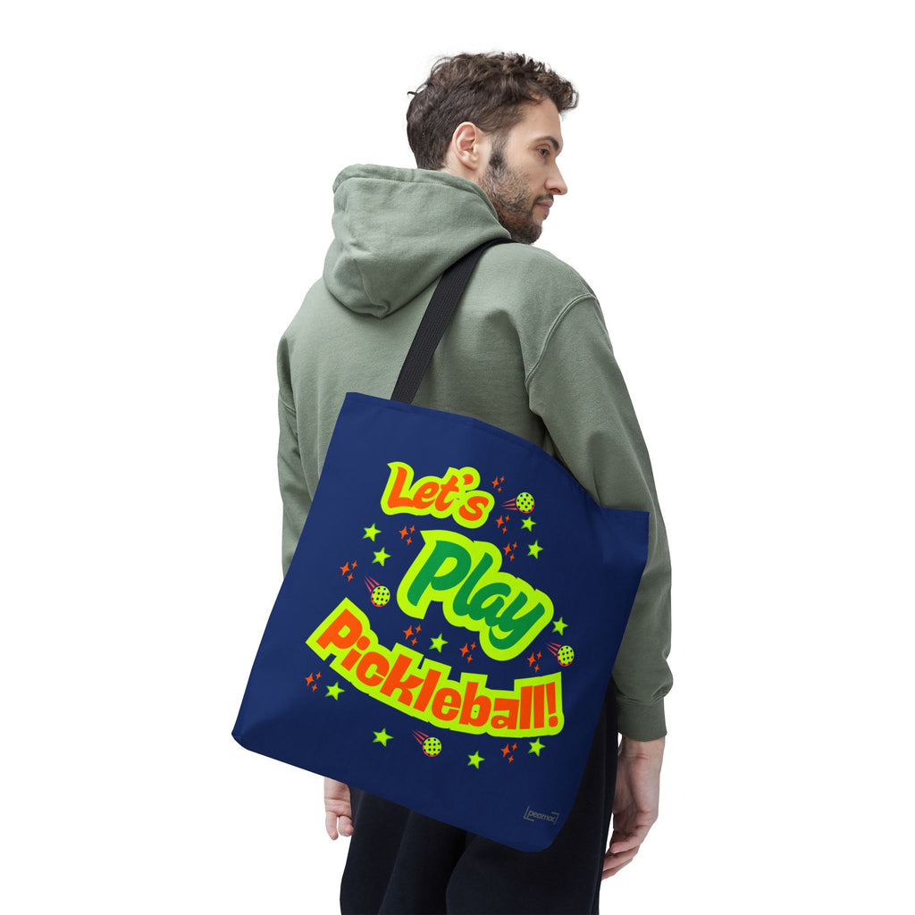 Large navy Printify Let's Play Pickleball tote bag with shoulder straps, designed for carrying pickleball gear and accessories.