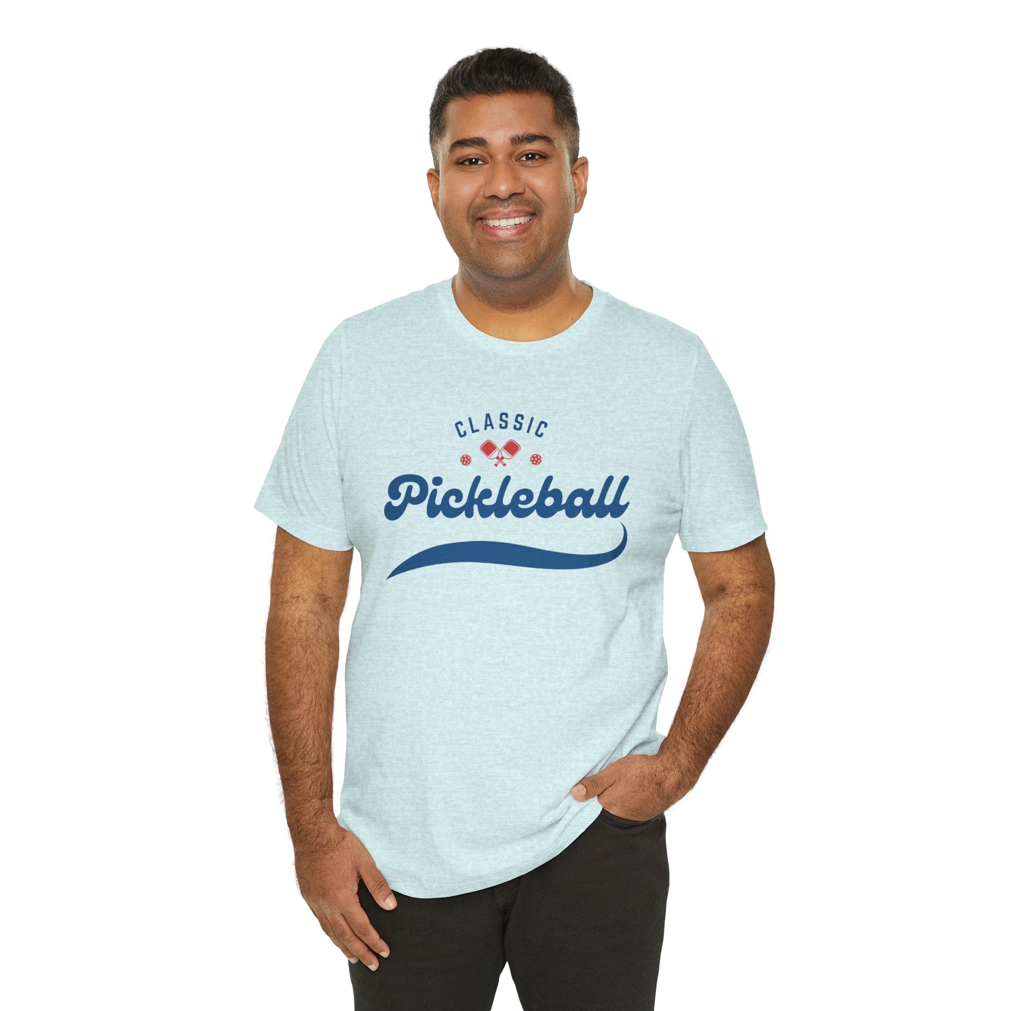 Red and blue pickleball script T-shirt with paddle and ball graphic, casual athletic wear by Printify
