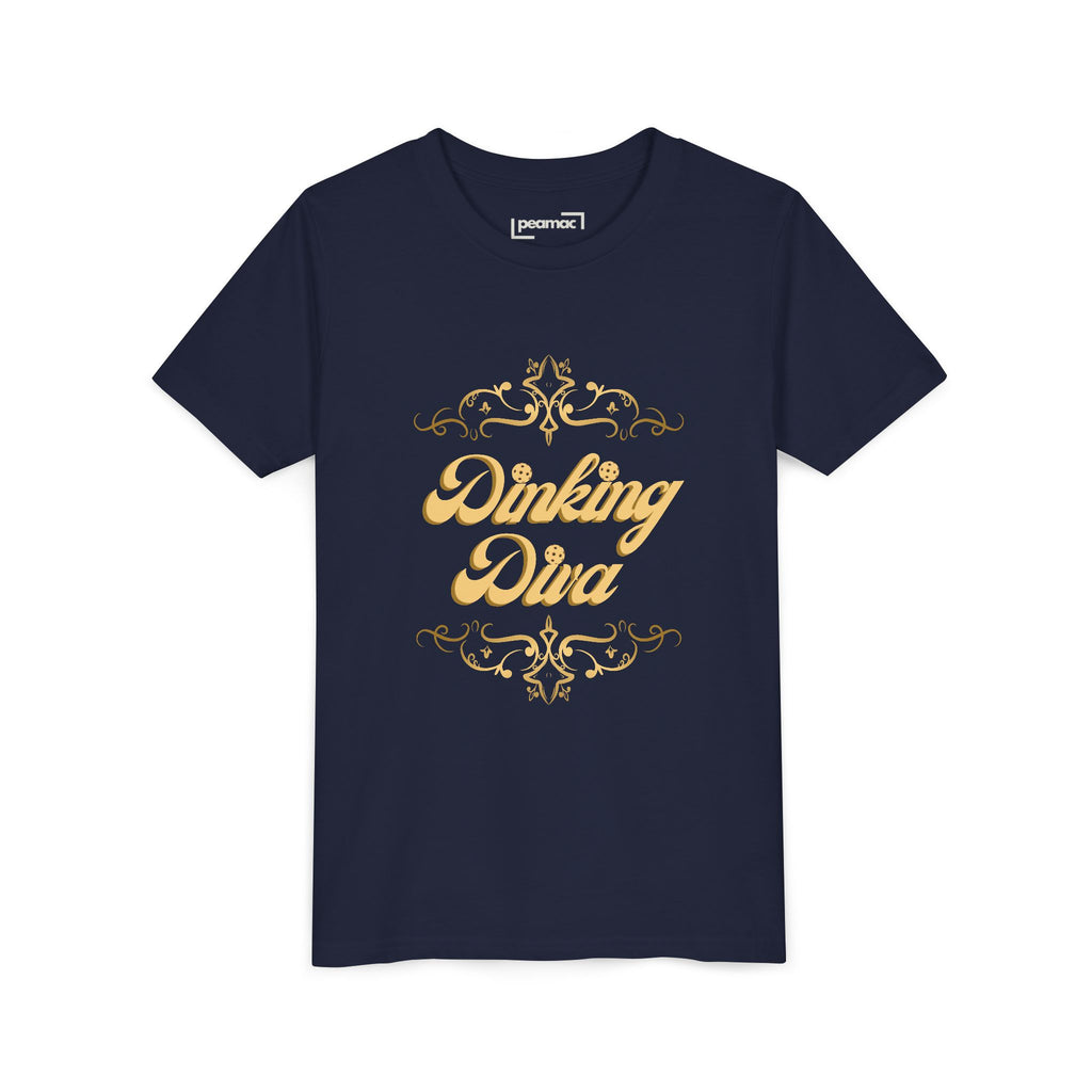 Youth Dinking Diva T-shirt with gold filigree pickleball graphic, kids' casual tee by Printify featuring colorful pickleball design.