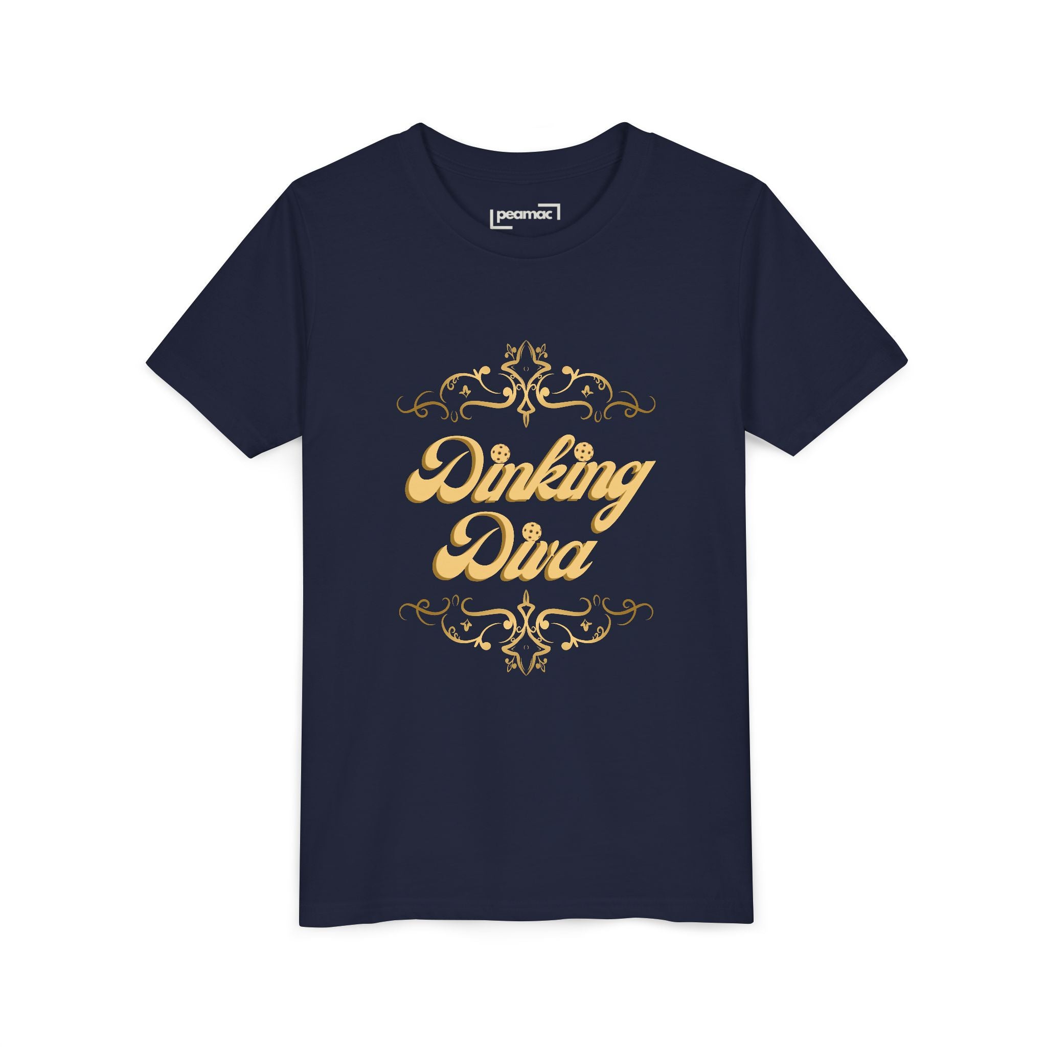 Youth Dinking Diva T-shirt with gold filigree pickleball graphic, kids' casual tee by Printify featuring colorful pickleball design.