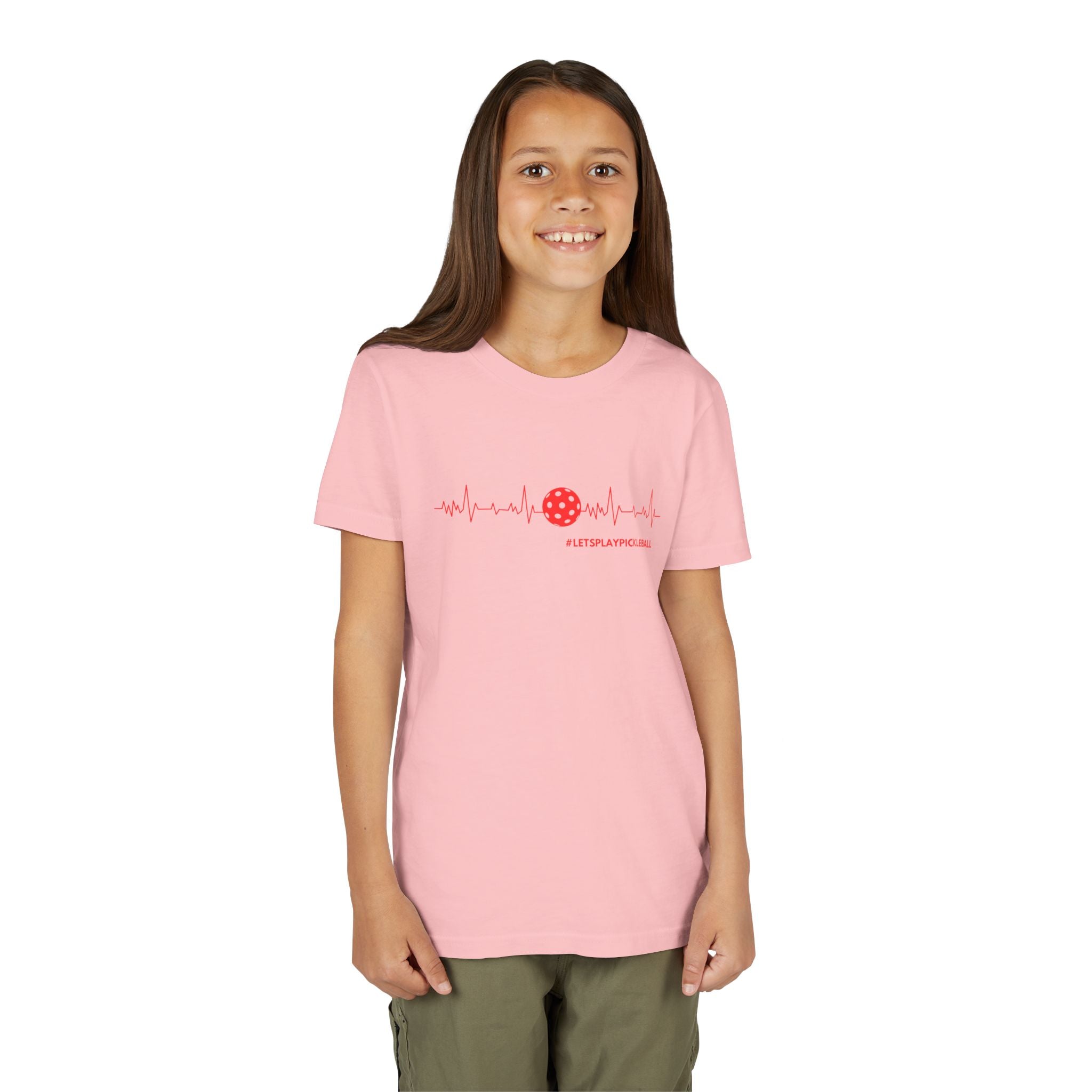 Kids' Youth Pickleball Tee by Printify featuring a heartbeat heart design and "Let's Play Pickleball" slogan.