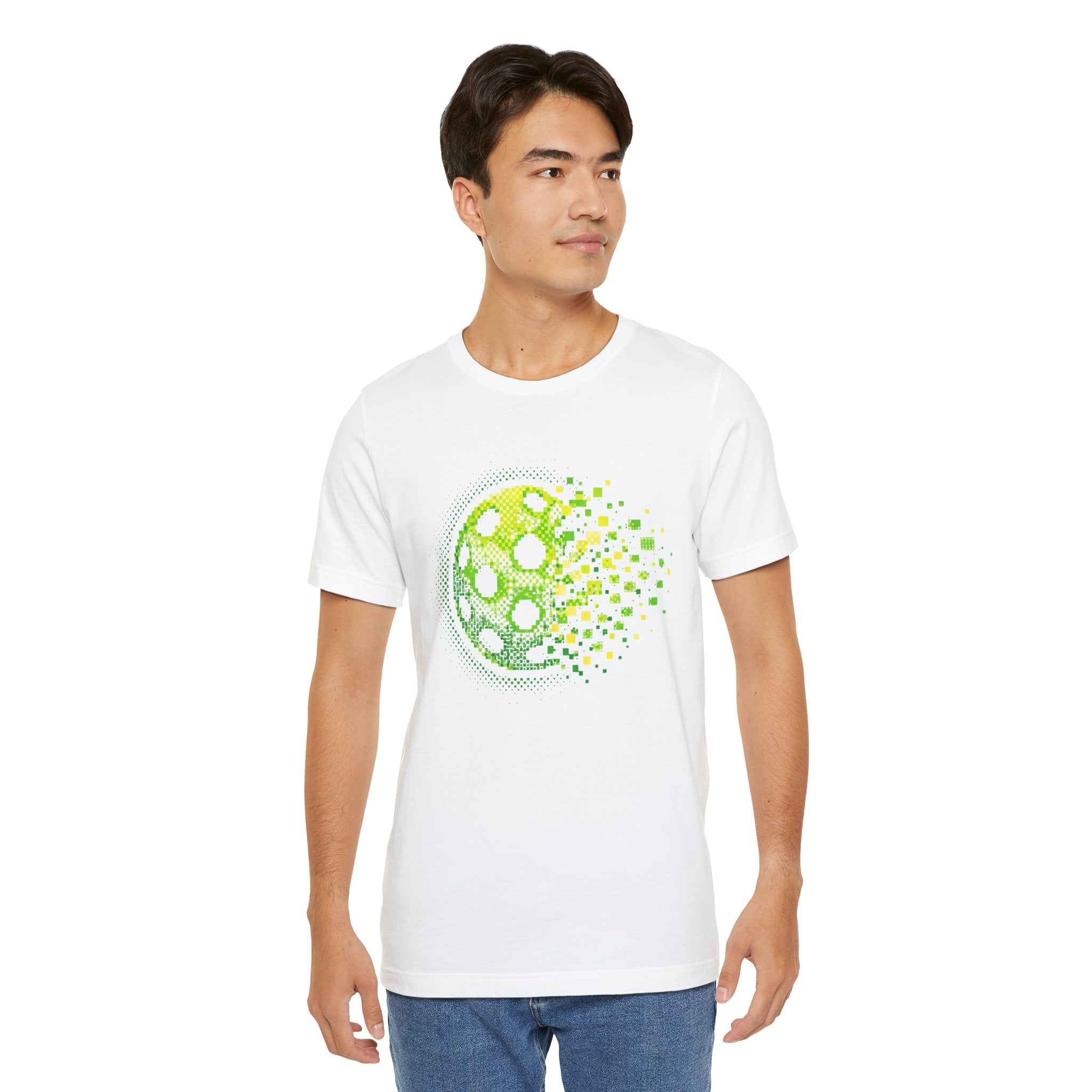 Green Pixelated Pickleball Tee featuring retro court graphic, casual T-shirt by Printify with vibrant pickleball design.