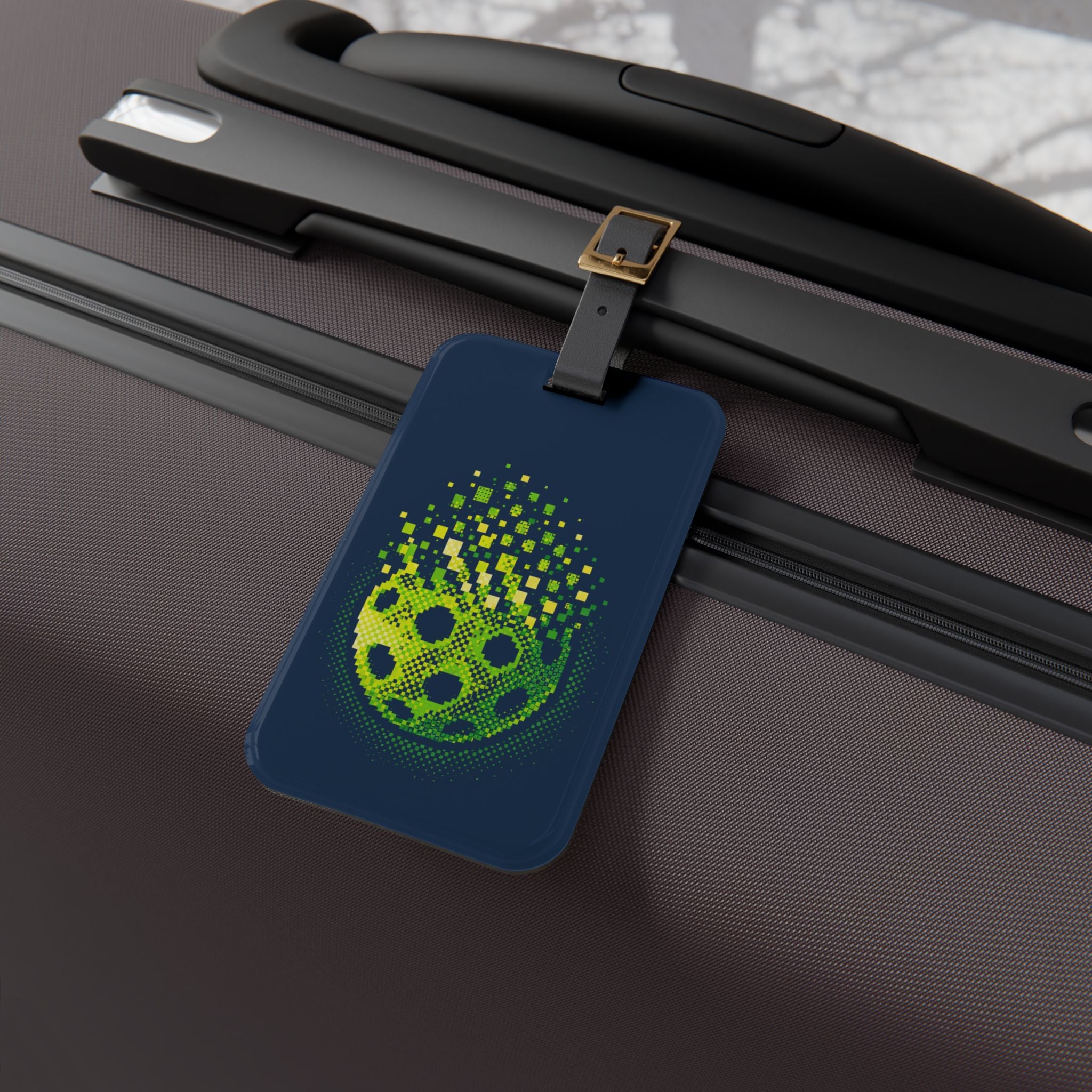 Green and blue Matrix Burst Pickleball Court ID luggage tag with leather strap and buckle by Printify.