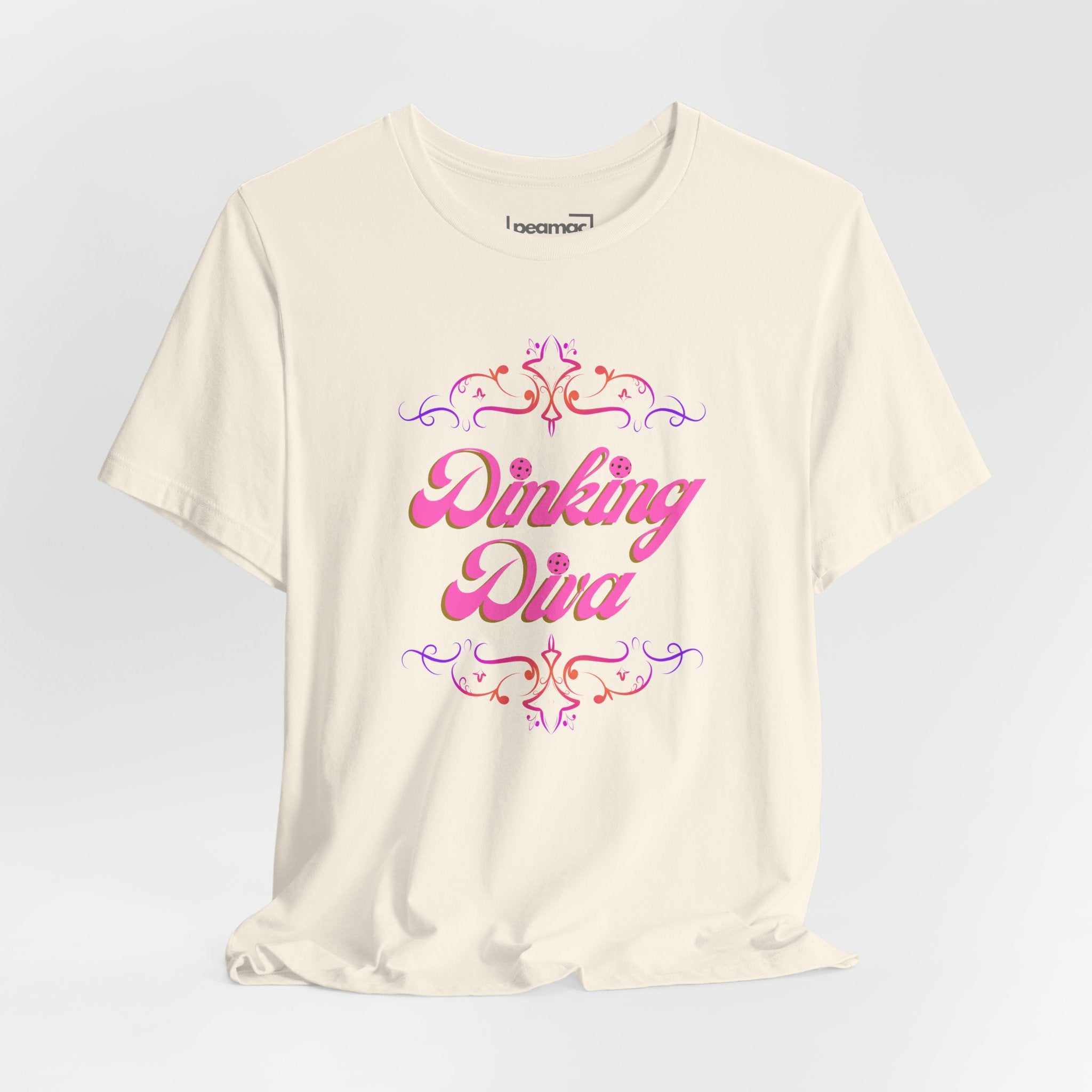 Pink Dinking Diva Pickleball T-Shirt by Printify featuring a stylish filigree design on athletic tee for women.