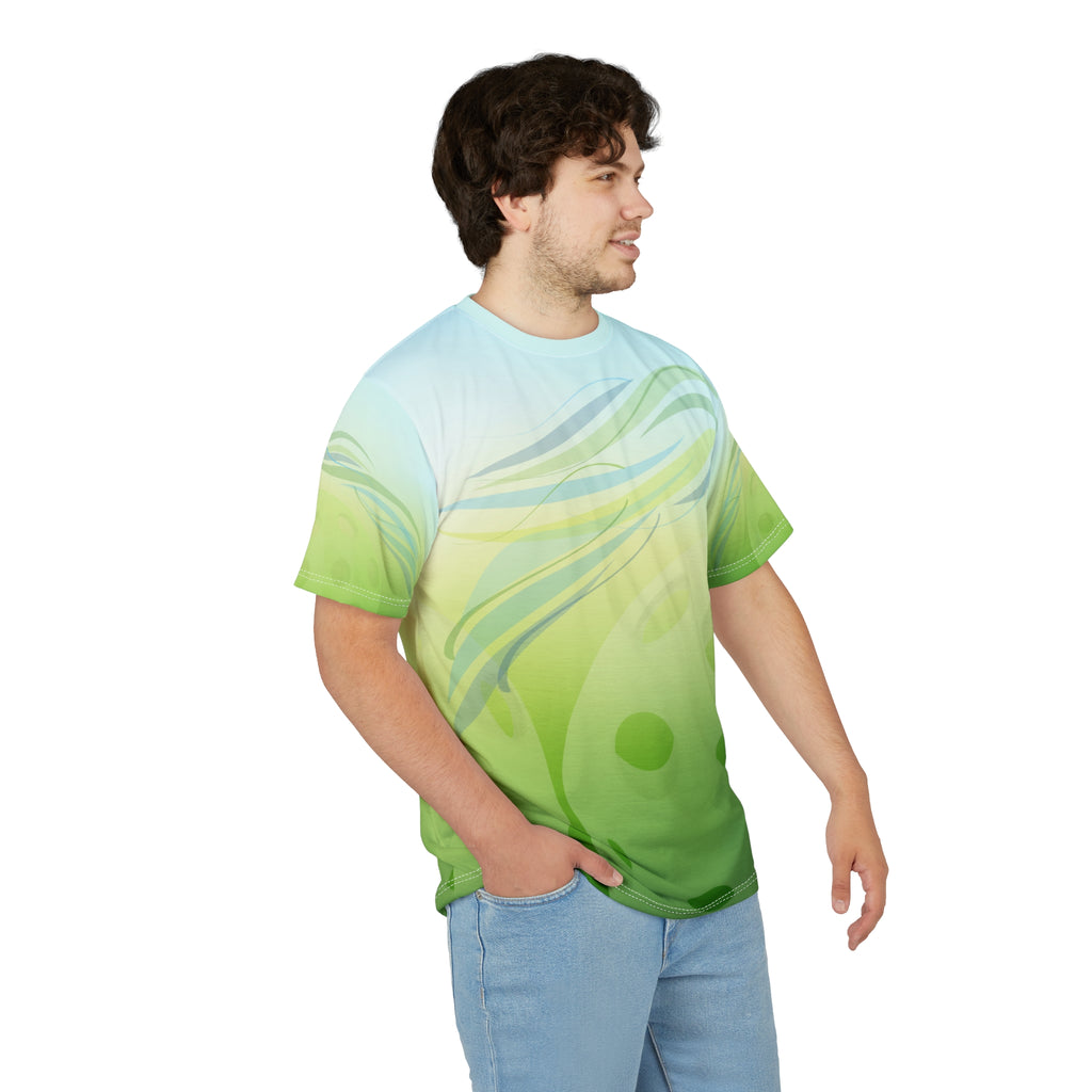 All-over print Green Leaf Wave Pickleball Summer Breeze unisex tee showing vibrant leaf and wave design on a green background.