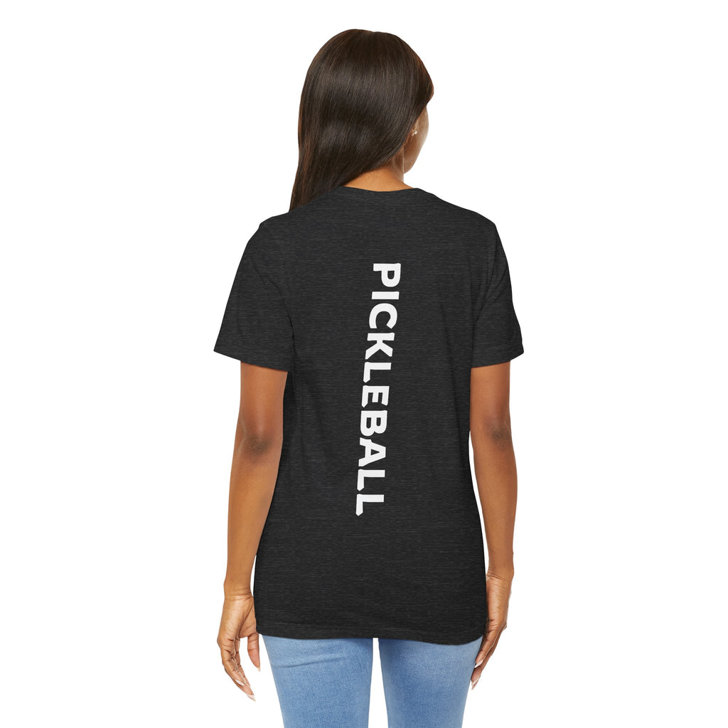 Women's retro-inspired pickleball T-shirt with a vertical "PICKLEBALL" back print, by Printify.