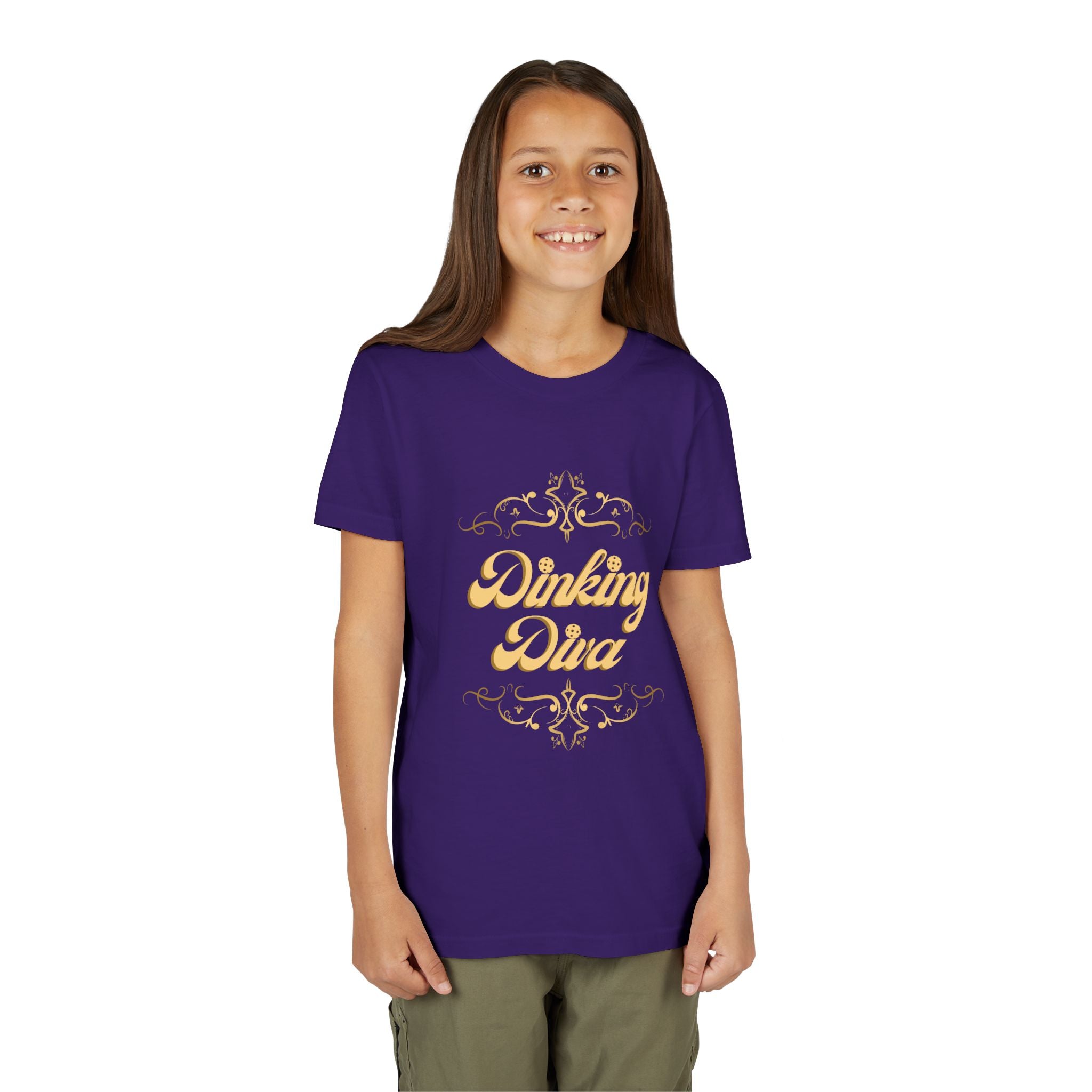 Youth Dinking Diva T-shirt with gold filigree pickleball graphic, kids' casual tee from Printify, featuring colorful design.