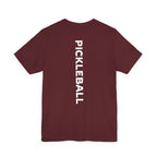 Women's retro-inspired pickleball T-shirt with vertical 'PICKLEBALL' back print, from Printify, casual athletic apparel.