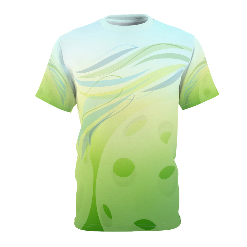 Unisex Pickleball Summer Breeze Tee with green leaf wave all-over print, moisture-wicking fabric, by Printify.