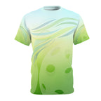 Unisex Pickleball Summer Breeze Tee with green leaf wave all-over print, moisture-wicking fabric, by Printify.