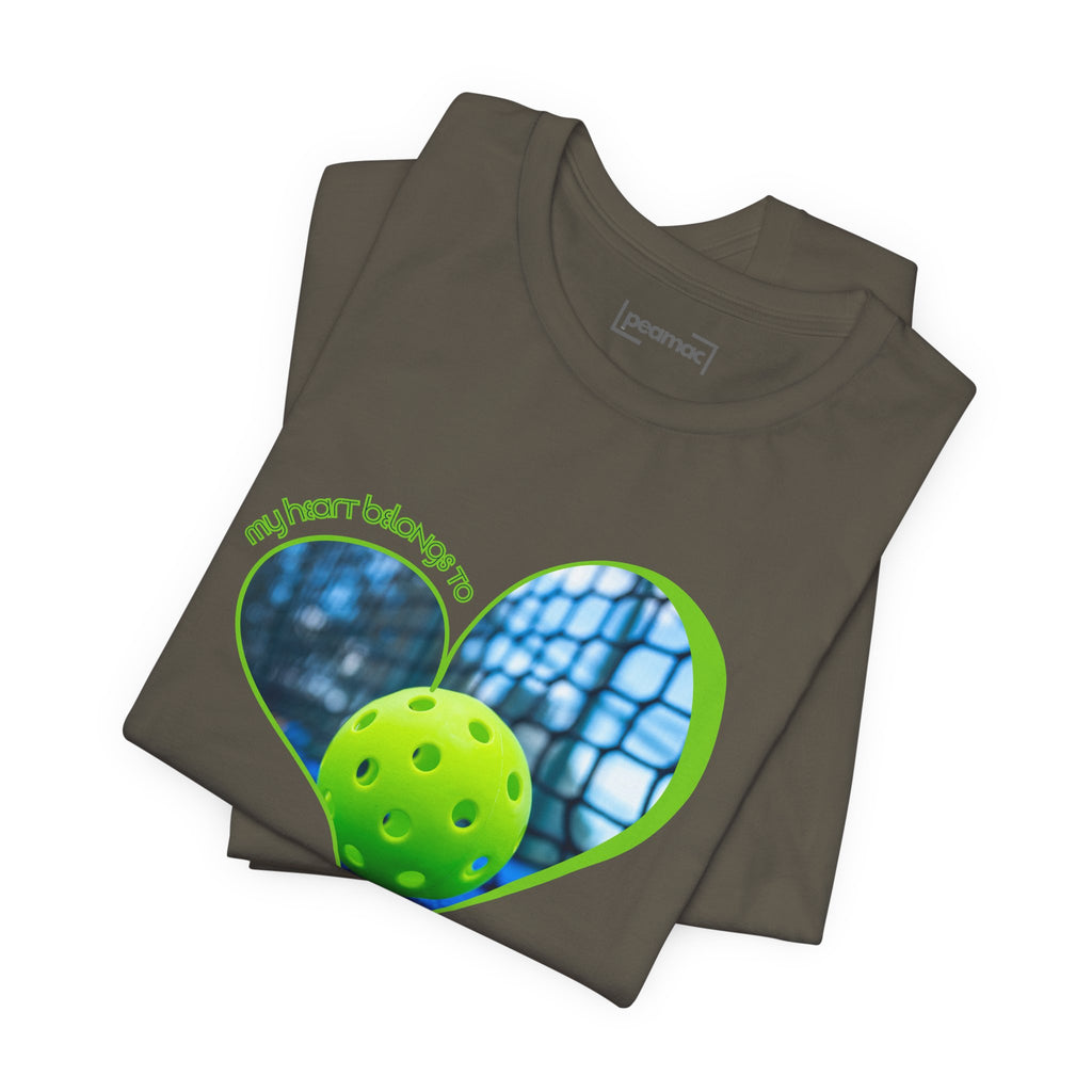 White Pickleball T-shirt for players and fans with "My Heart Belongs to Pickleball" print, casual fit, by Printify.