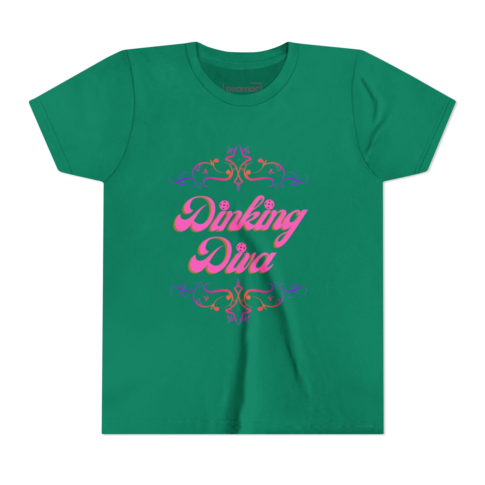 Pink Dinking Diva youth pickleball shirt for kids, featuring a colorful filigree design, by Printify.