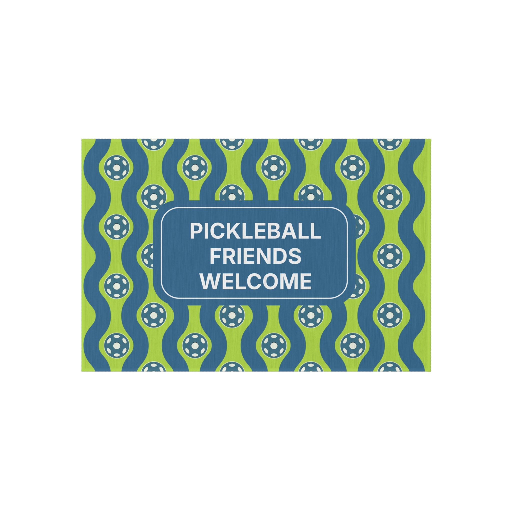 Personalized outdoor pickleball-themed doormat with custom welcome message or name in various sizes, ideal for home decor.