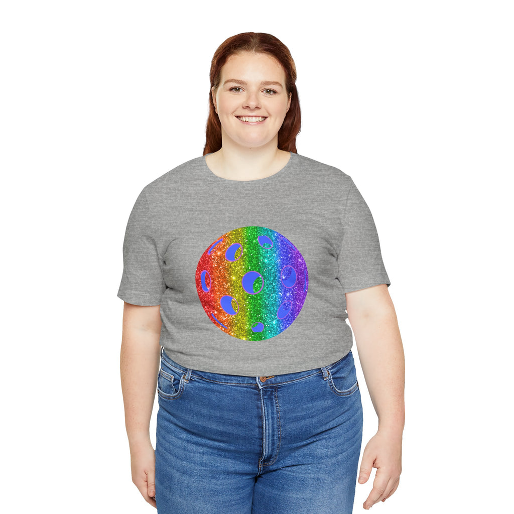 Rainbow glitter pickleball T-shirt featuring the Sparkle Loud and Proud Pickleball Pride Tee design by Printify.