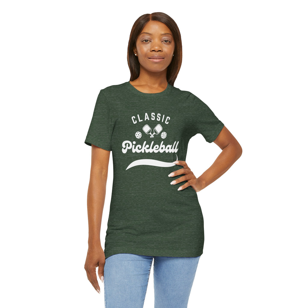 White pickleball T-shirt with "Pickleball" script design from Printify, featuring a comfortable fit and casual style.
