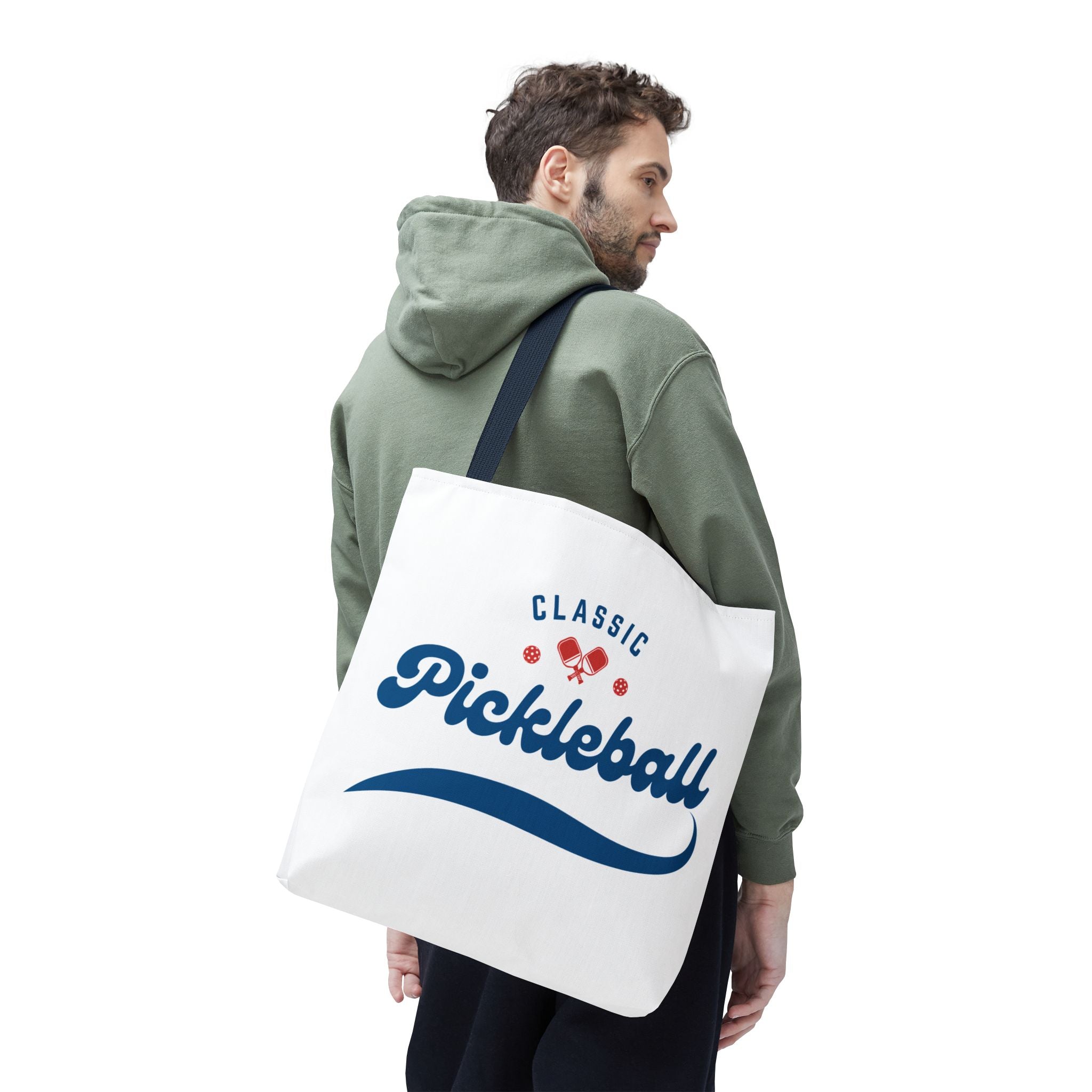 Printify Pickleball Classic red and blue large tote bag, 18x18 inches, rugged, roomy shoulder bag for gear storage and transport.