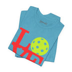 Neon pop art LOVE pickleball T-shirt by Printify, stylish premium cotton tee with vibrant colorful design.