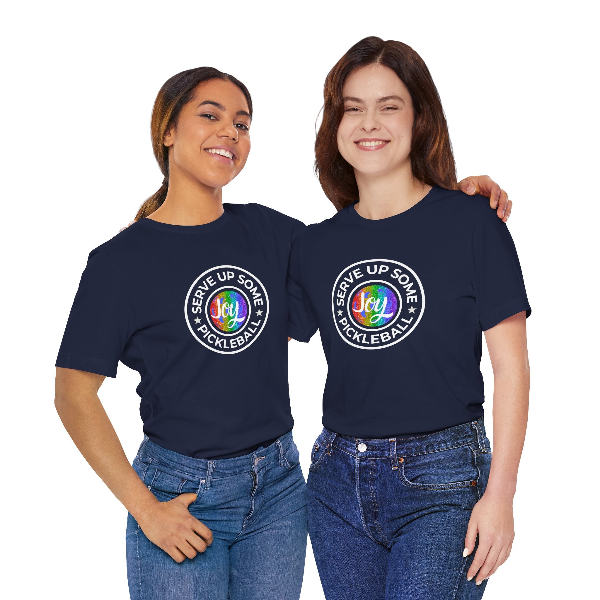 LGBTQ2 pride T-shirt with pickleball joy print, featuring vibrant rainbow colors and a casual fit for fans of pickleball and pride.