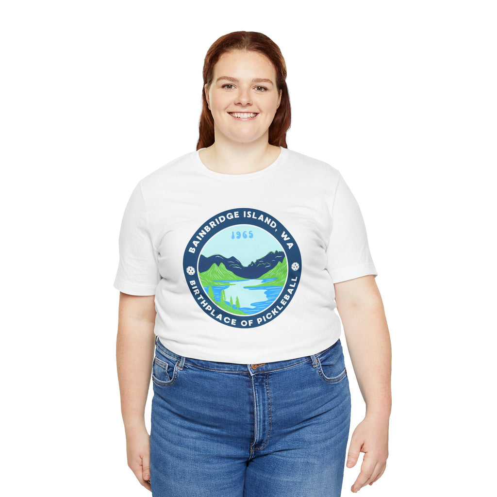 Unisex Bainbridge Island Pickleball T-Shirt with "Birthplace of Pickleball 1965" print, casual cotton fabric, front view.