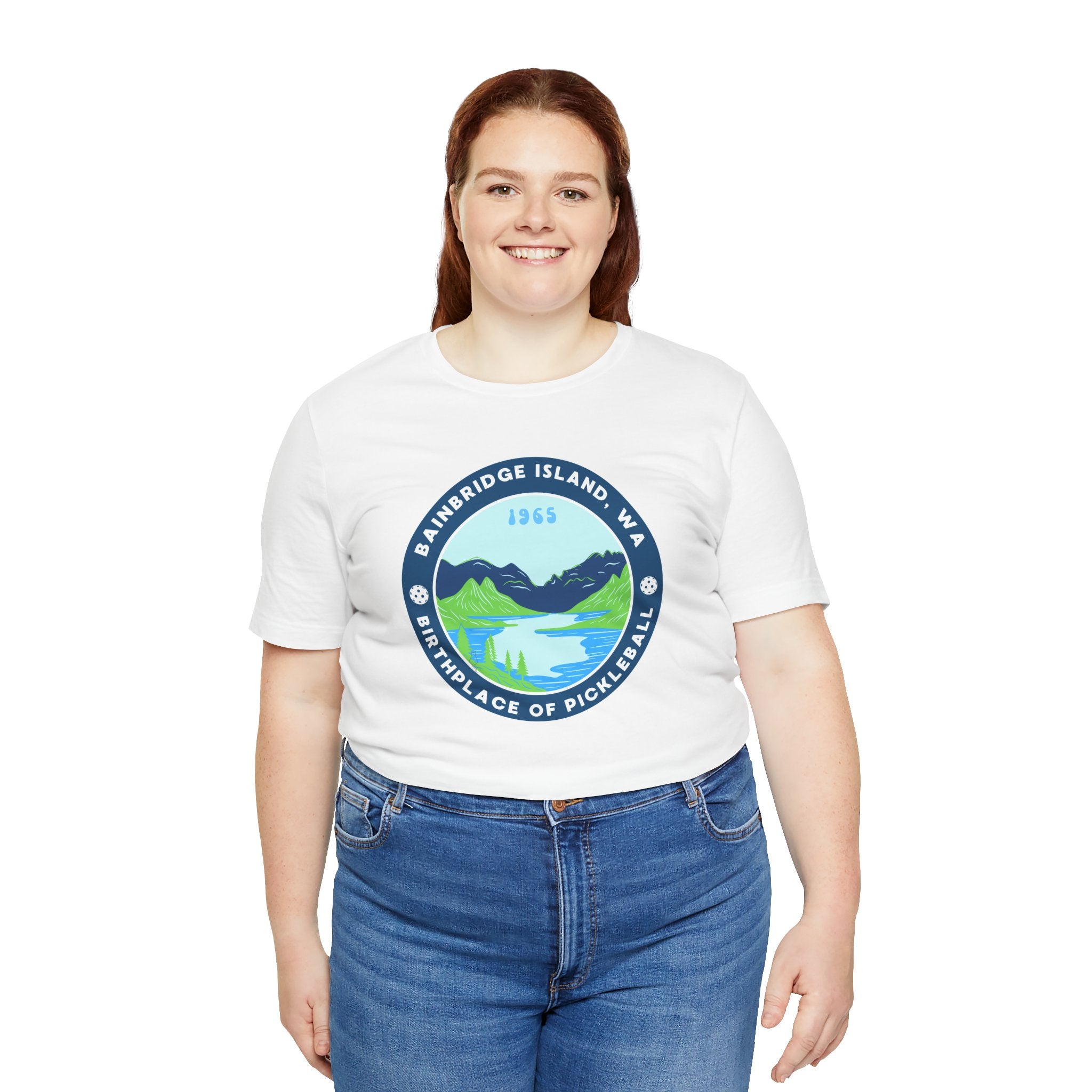 Unisex Bainbridge Island Pickleball T-Shirt with "Birthplace of Pickleball 1965" print, casual cotton fabric, front view.