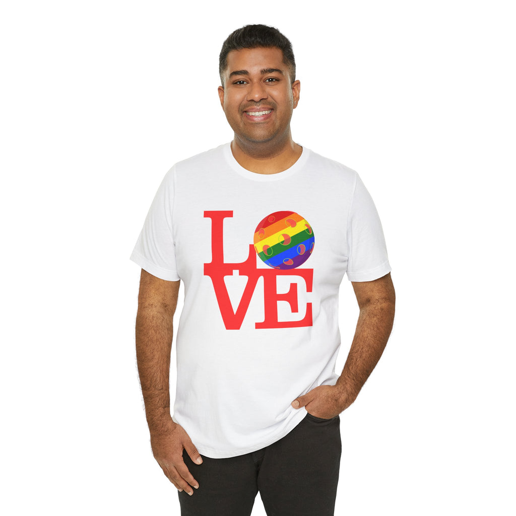 Rainbow LGBTQ2 Pride T-shirt by Printify featuring the LOVE Pickleball logo on a colorful, casual unisex tee.