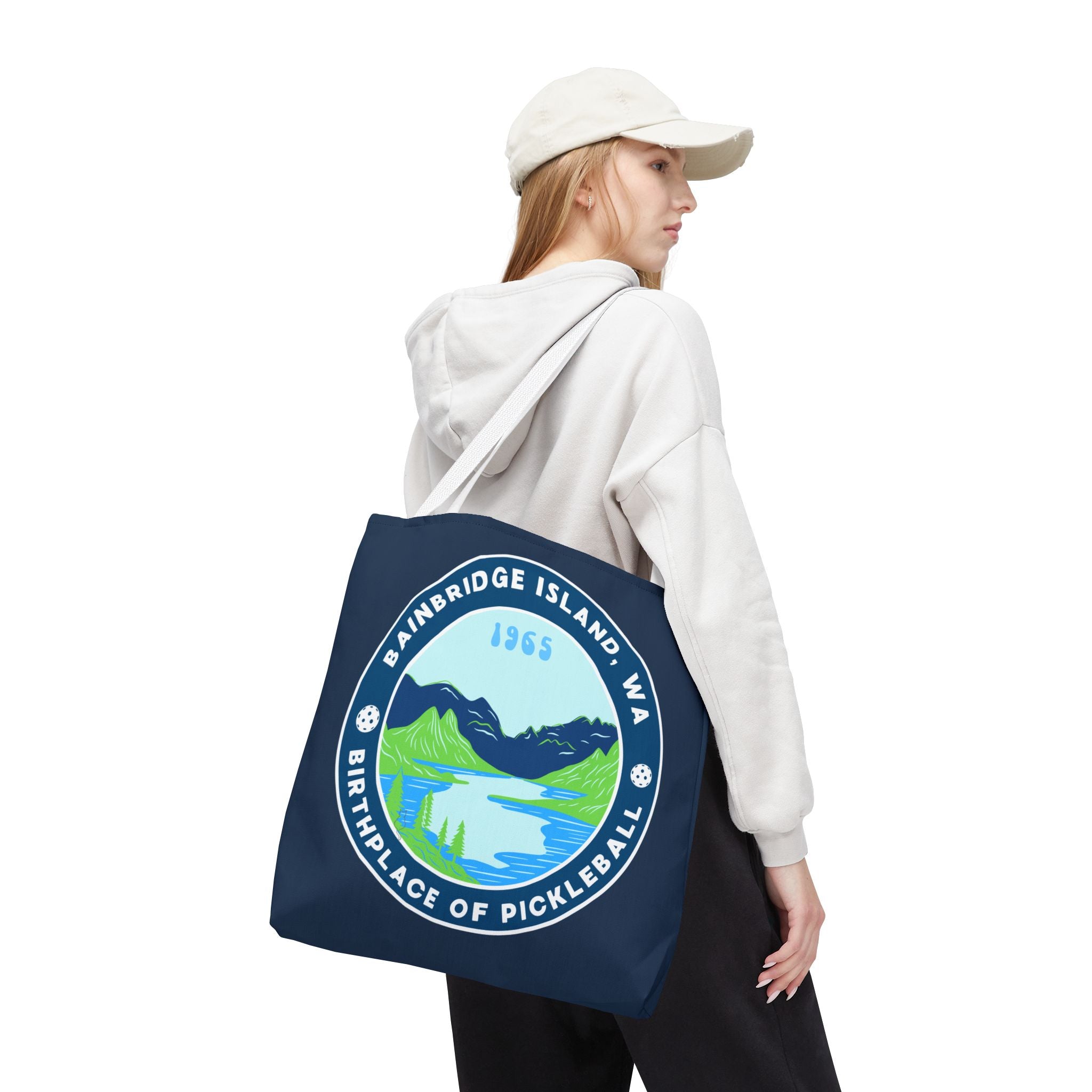 Large Pickleball tote bag by Printify featuring Bainbridge Island WA, the birthplace of pickleball, designed for gear storage.