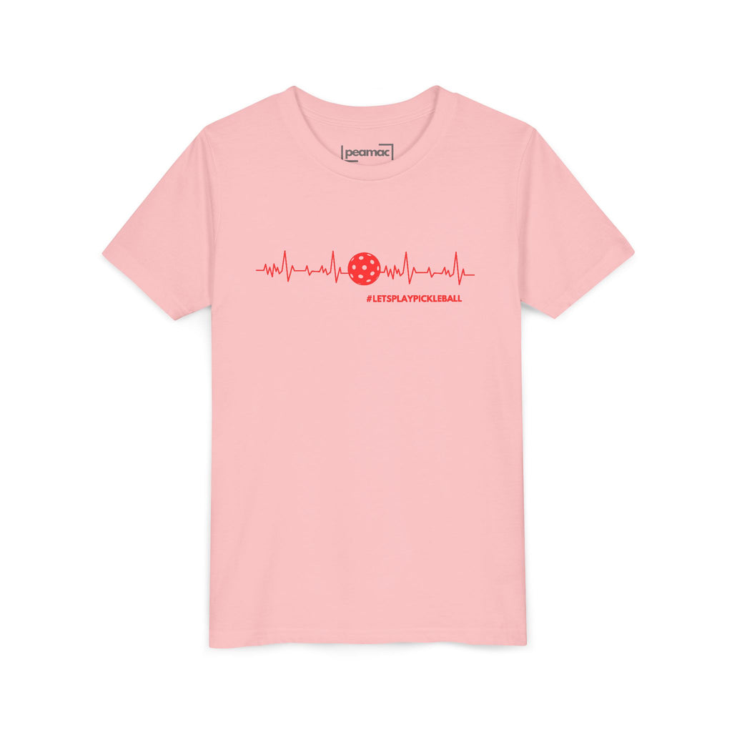 Kids' youth Pickleball tee with heartbeat and LET'S PLAY PICKLEBALL print, featuring colorful design for active children.