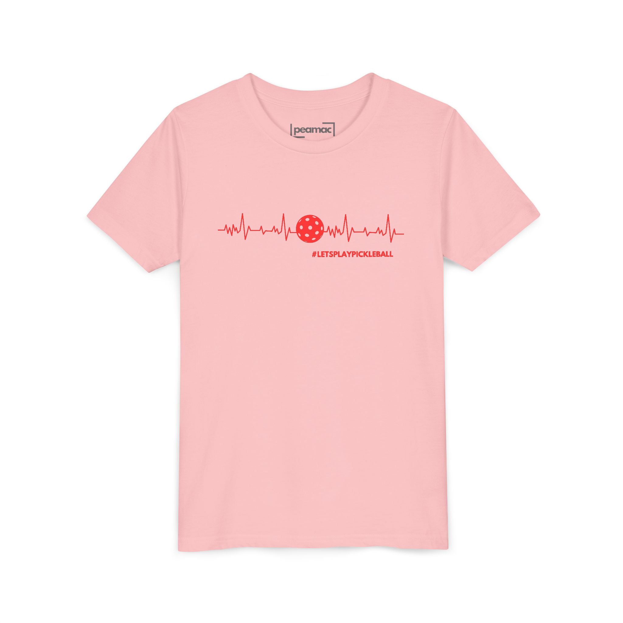 Kids' youth Pickleball tee with heartbeat and LET'S PLAY PICKLEBALL print, featuring colorful design for active children.