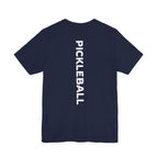 Women's retro-inspired pickleball T-shirt with vertical 'PICKLEBALL' back print, by Printify, casual athletic wear.