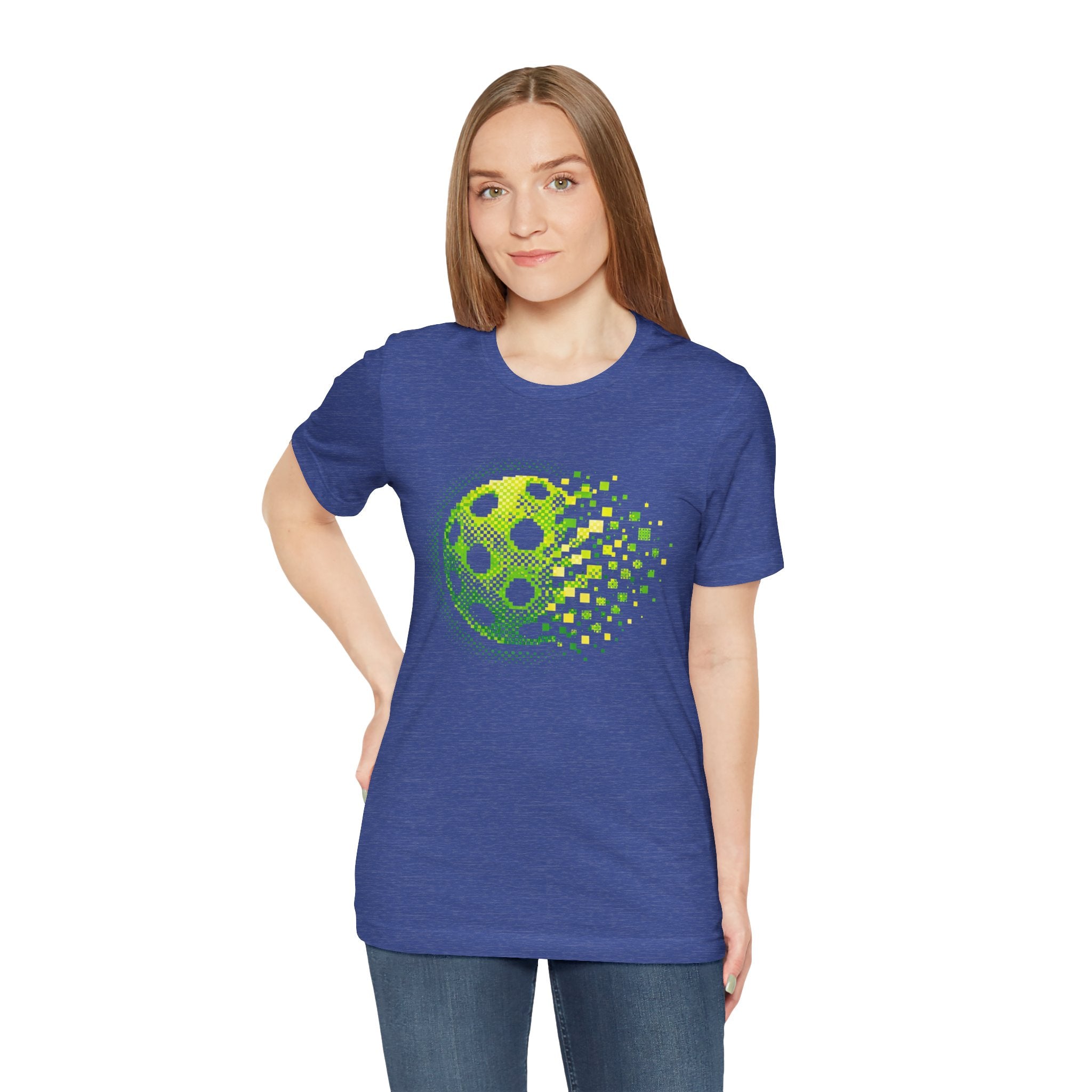 Pixelated Pickleball Tee in green featuring retro court graphic, casual T-shirt by Printify, perfect for pickleball enthusiasts.