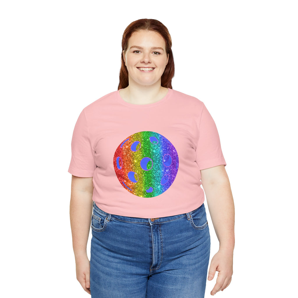 Rainbow glitter pickleball pride T-shirt featuring bold "Loud and Proud" slogan, vibrant colors, and comfortable fit.