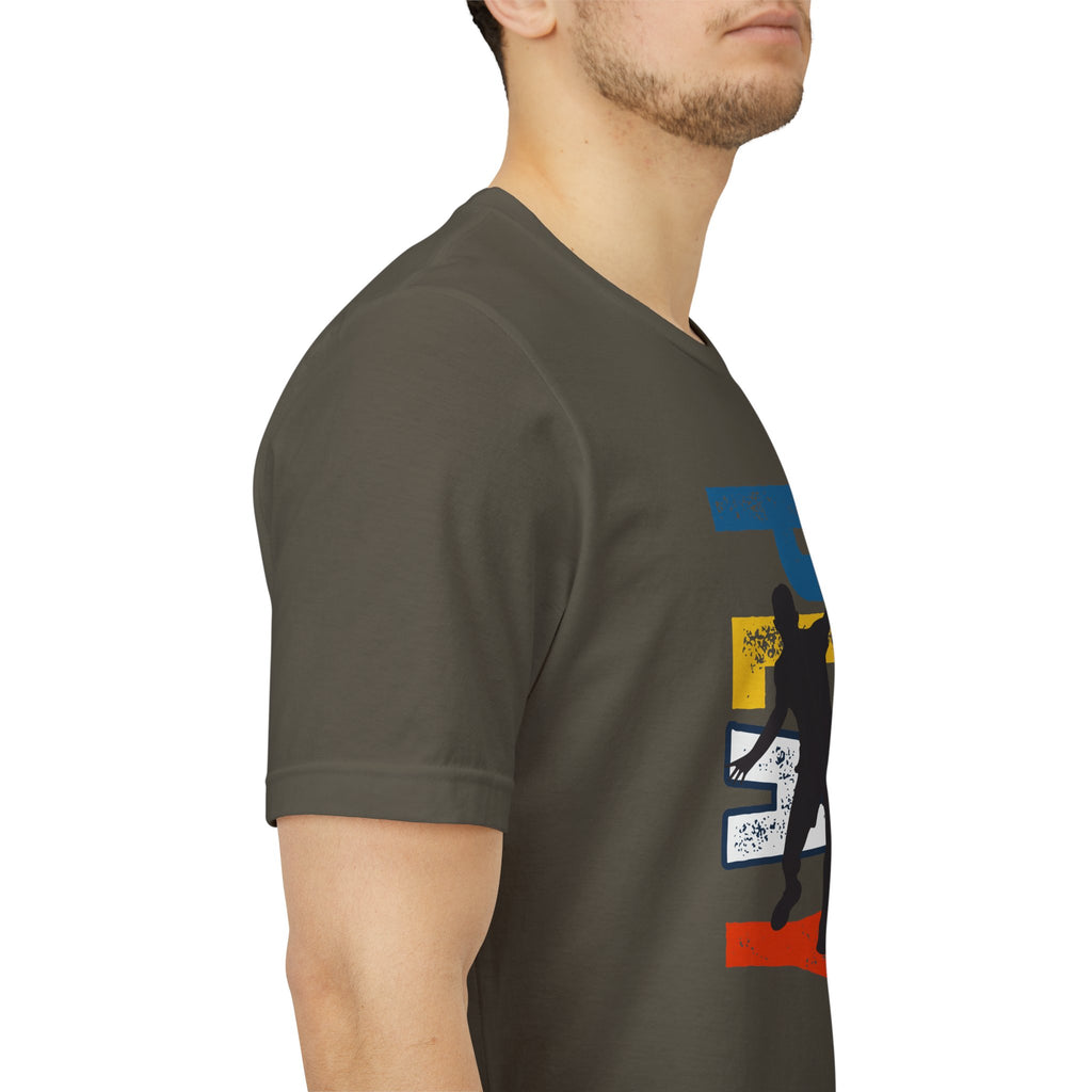 Men's Retro Pickleball Action T-Shirt with front silhouette and vertical 'PICKLEBALL' text on the back, designed by Printify.