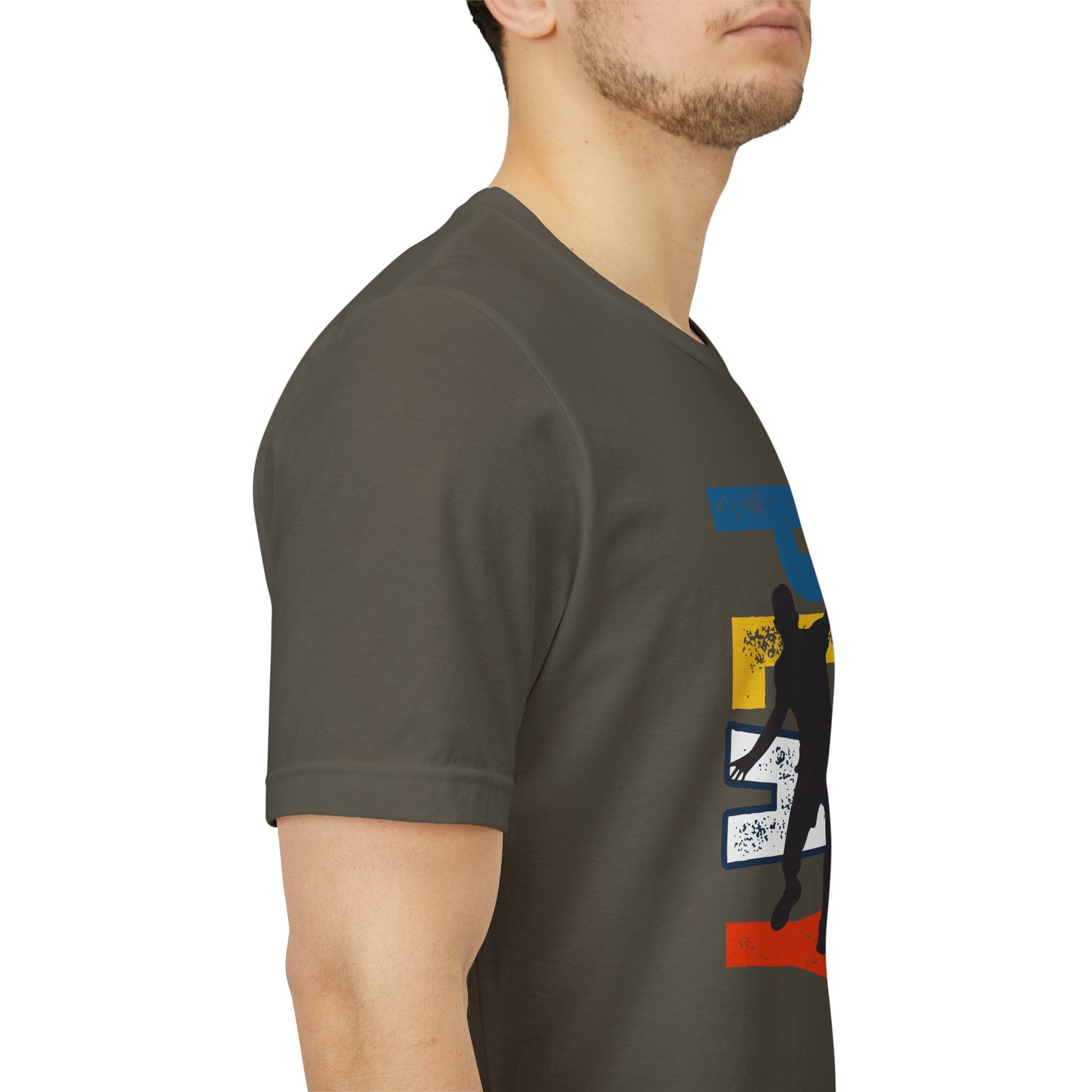 Men's Retro Pickleball Action T-Shirt with front silhouette and vertical 'PICKLEBALL' text on the back, designed by Printify.