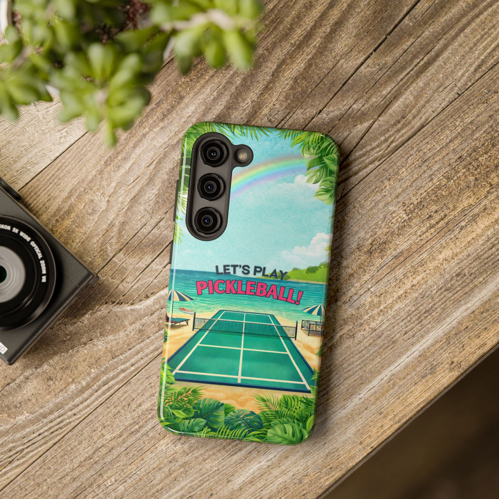 Tropical-themed Let's Play Pickleball phone case by Printify, featuring a beach court design for a durable mobile protection.