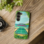 Tropical-themed Let's Play Pickleball phone case by Printify, featuring a beach court design for a durable mobile protection.