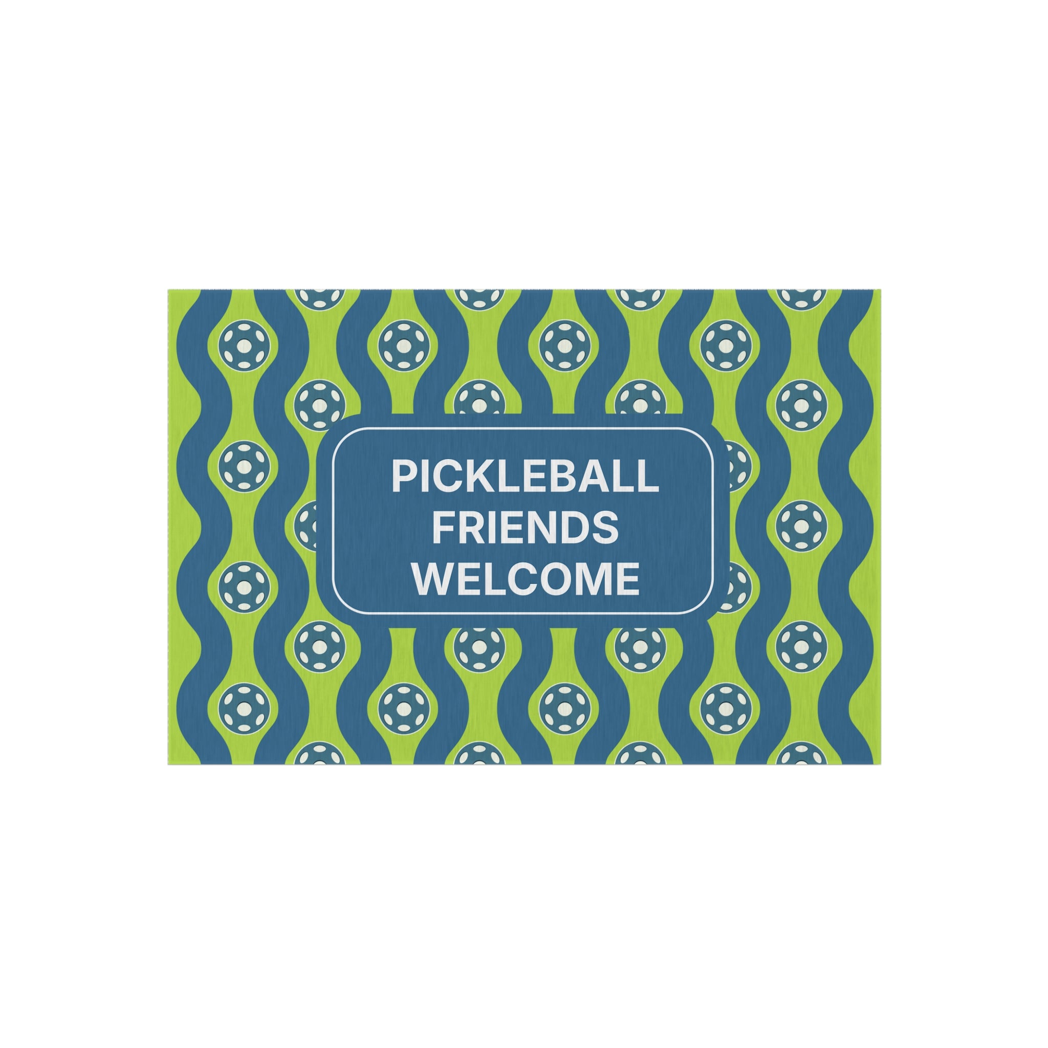 Personalized pickleball outdoor rug with custom welcome message or name, ideal as a home decor doormat in various sizes.