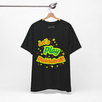 Neon orange and electric green Pickleball Rally T-Shirt with court graphic by Printify, casual athletic style.