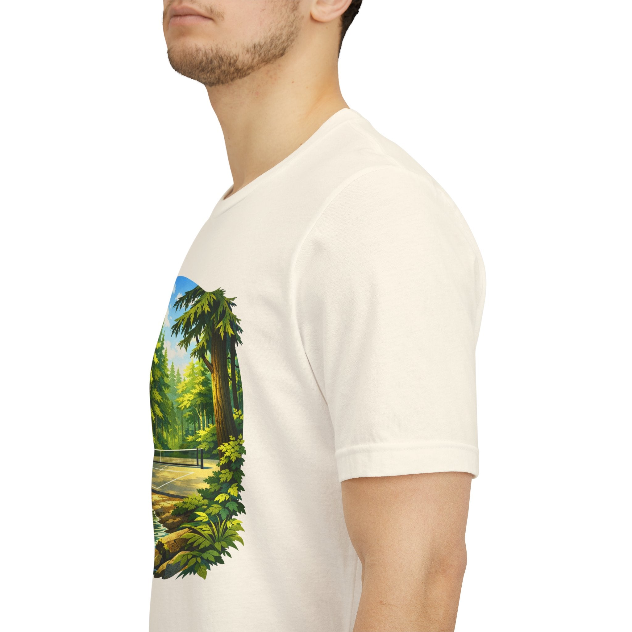 Unisex Hidden Forest Pickleball T-Shirt with Bainbridge Island tribute design, featuring nature-inspired artwork on a comfortable tee.