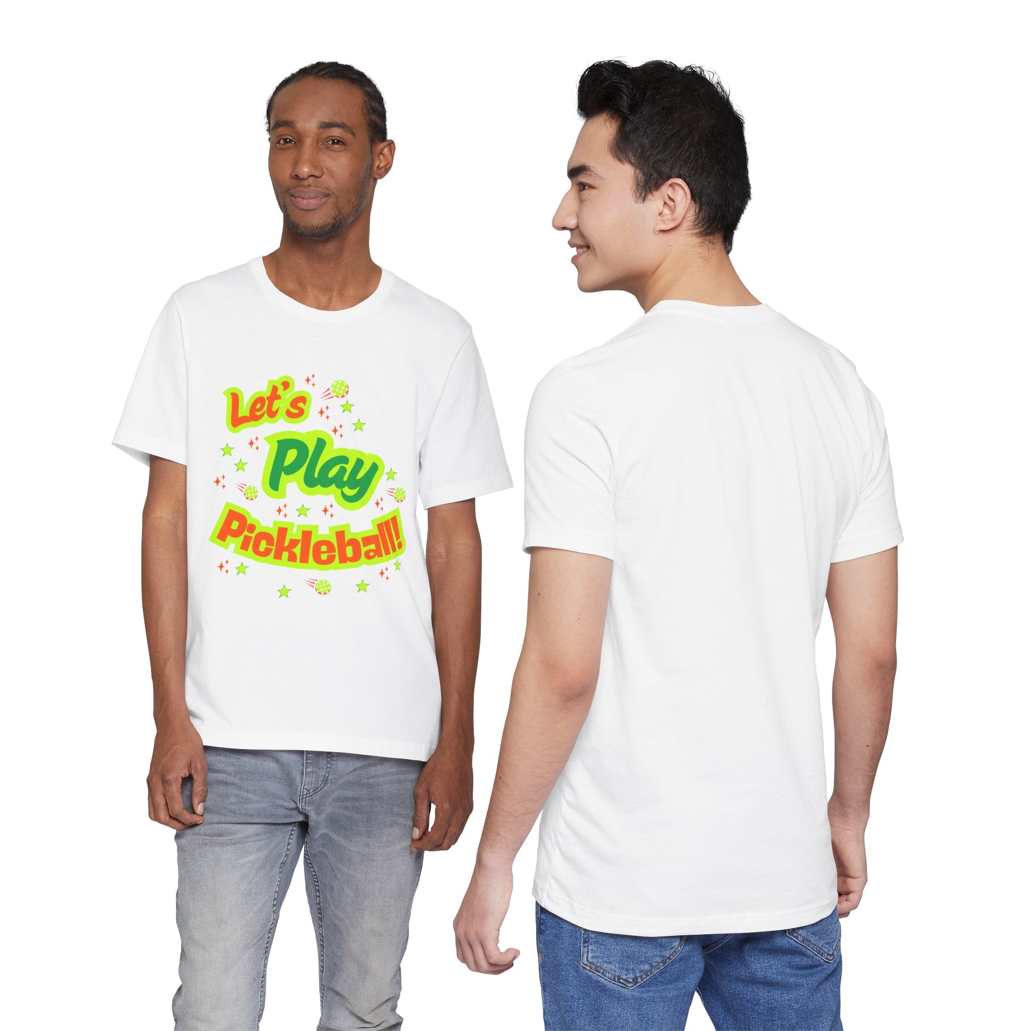 Neon orange and electric green pickleball rally T-shirt with court graphic, casual athletic wear by Printify