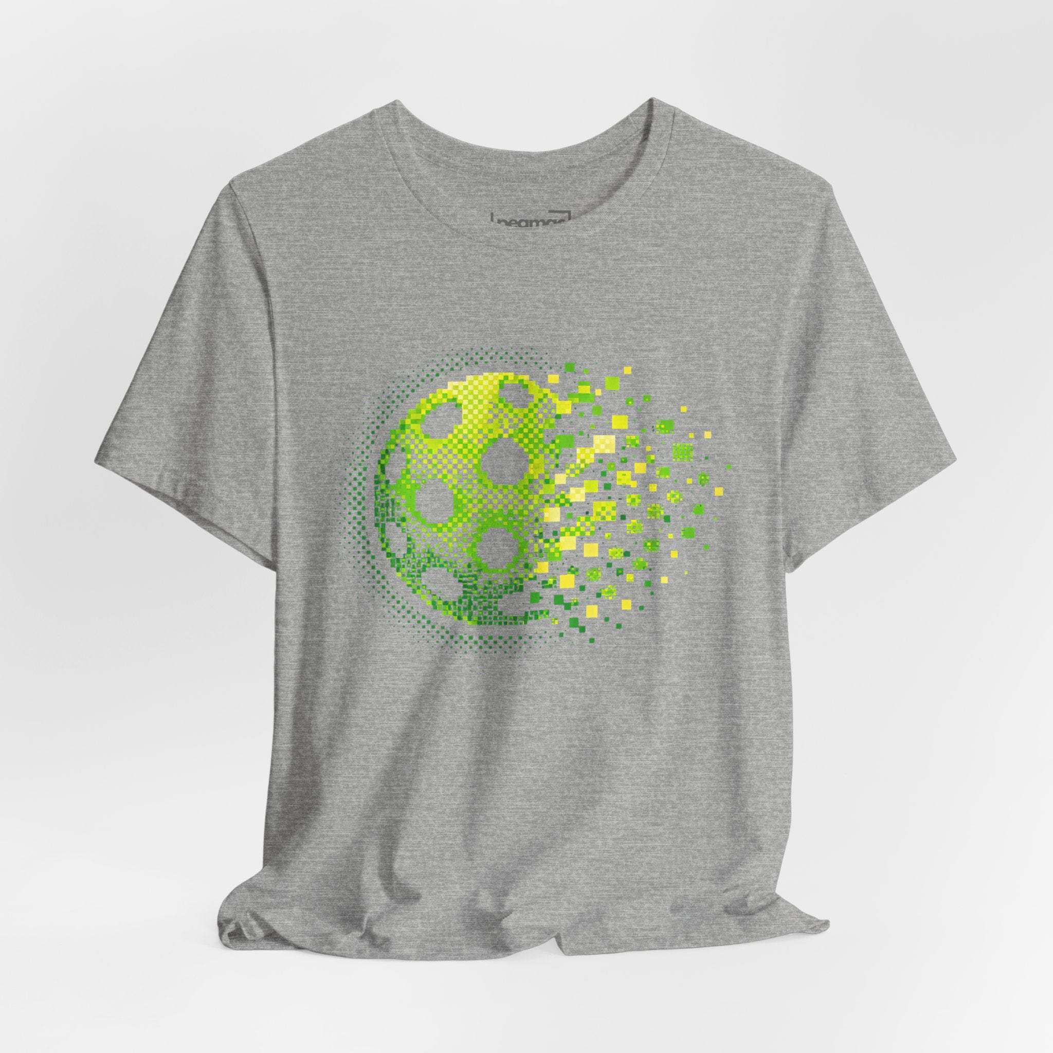 Pixelated Pickleball Tee featuring a retro court graphic on a green T-shirt by Printify, casual sportswear for pickleball enthusiasts.