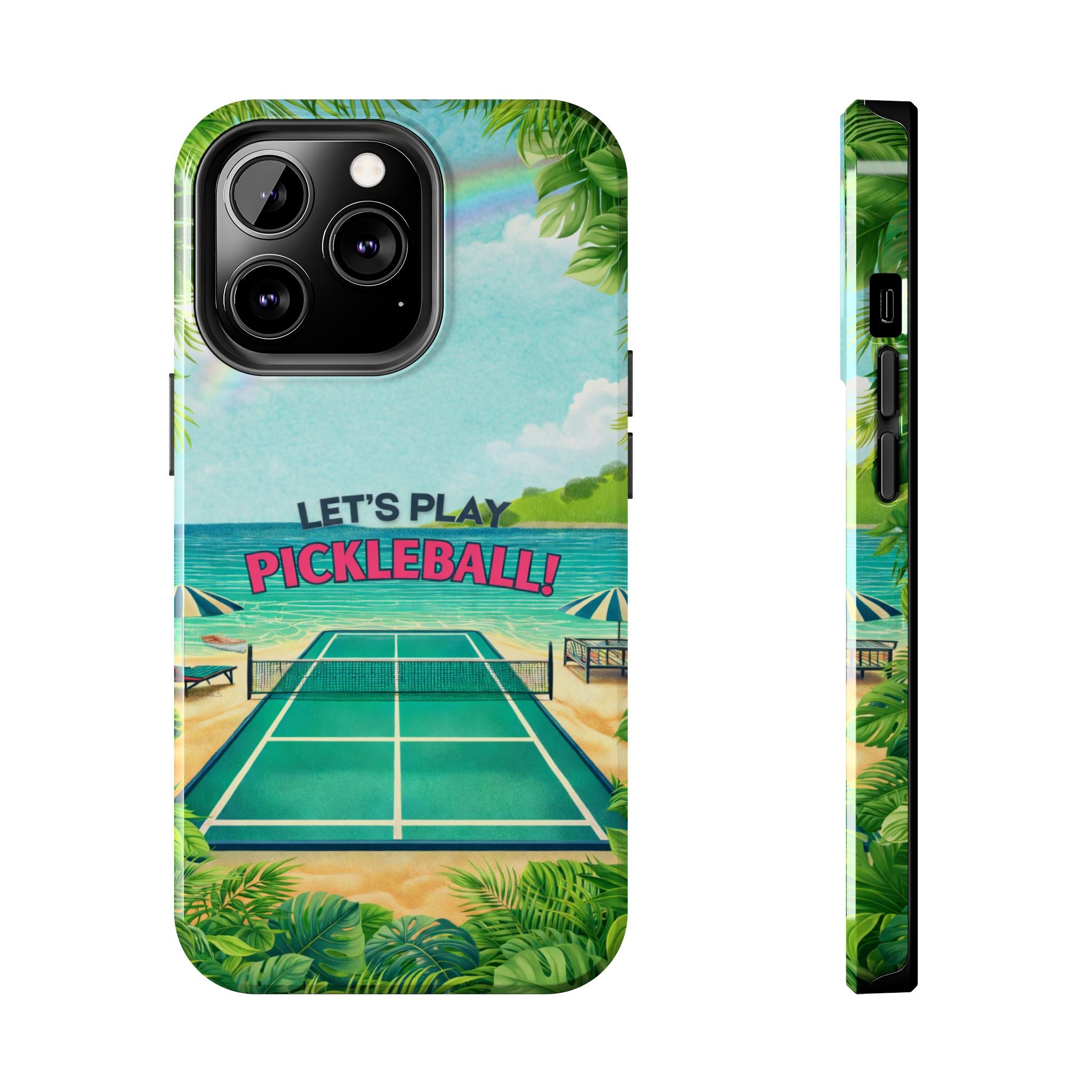 Printify Let's Play Pickleball Tropical Tough Phone Case with beach court design, durable protective case for smartphones.