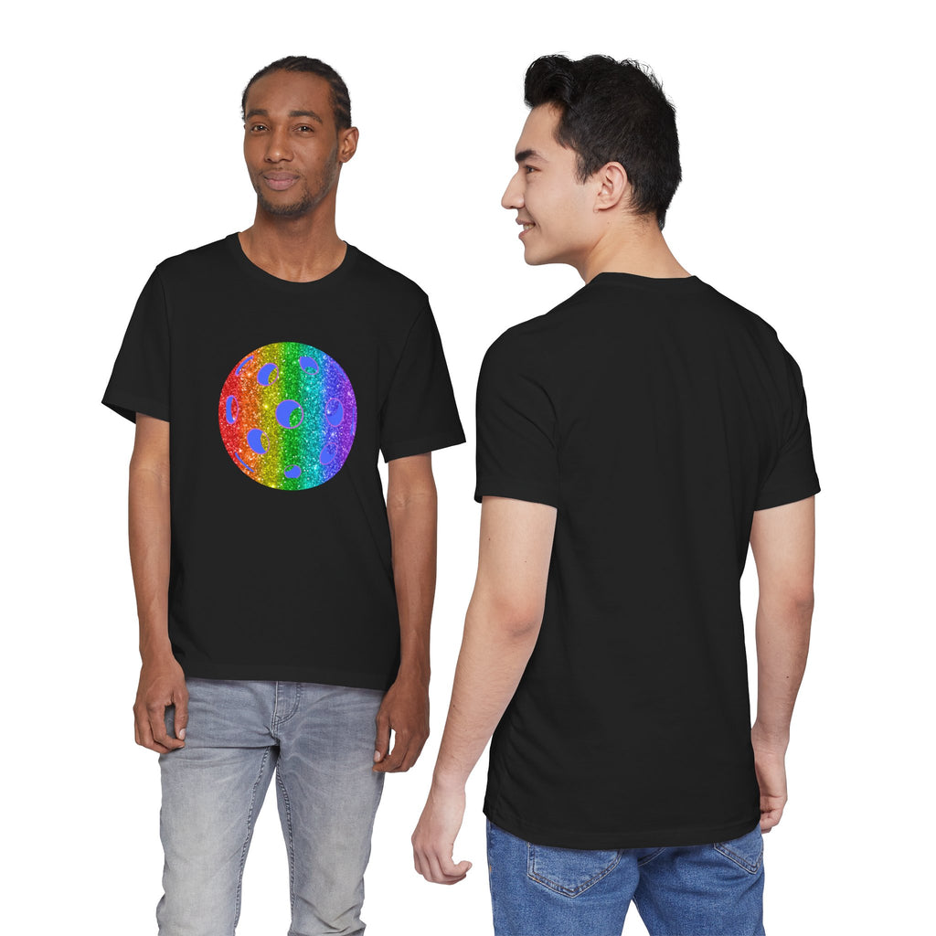 Rainbow glitter pickleball pride T-shirt by Printify featuring bold, colorful rainbow design on a comfortable cotton tee.